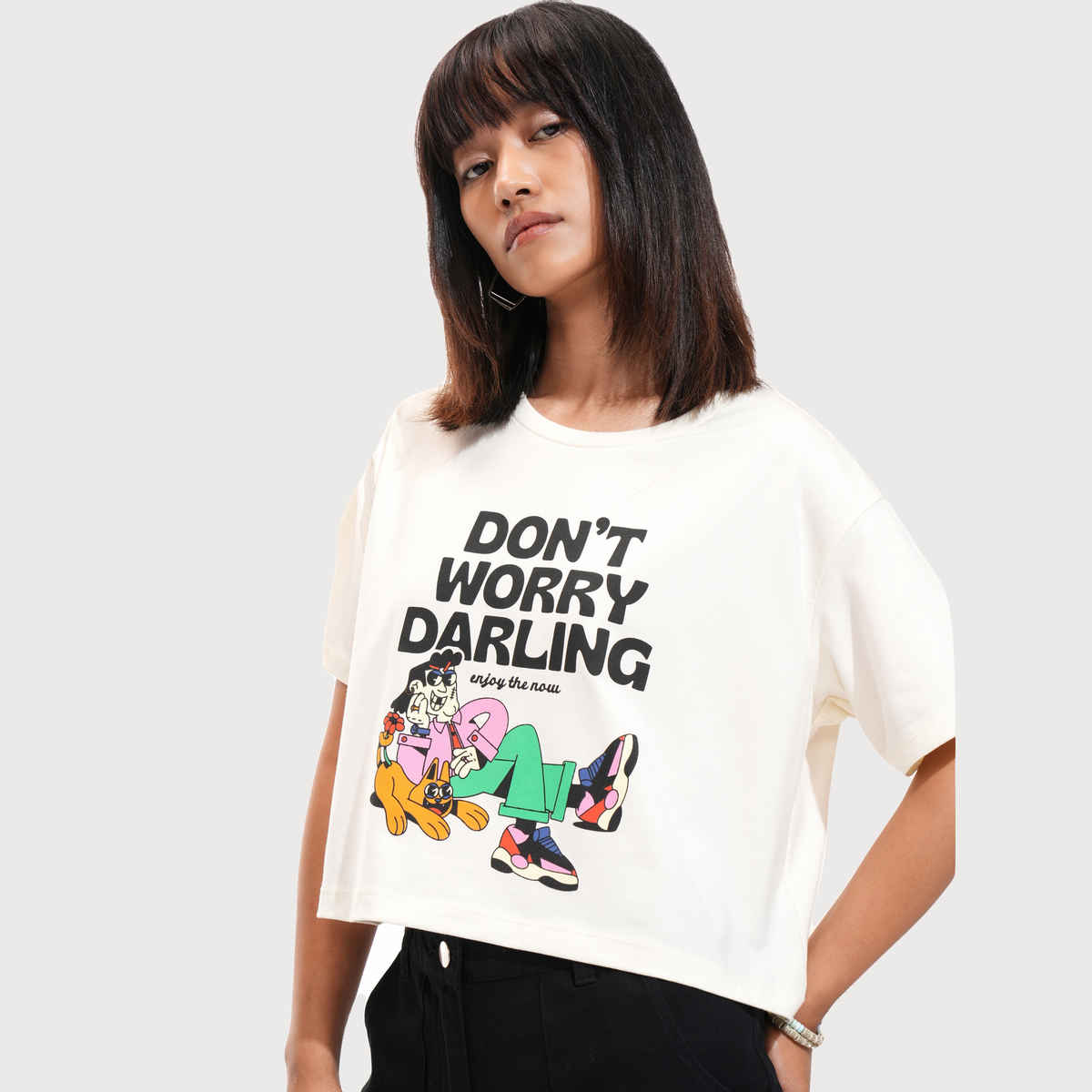 Tokyo Talkies Women's Half Sleeve Crop Round Neck T Shirt | Off White - S