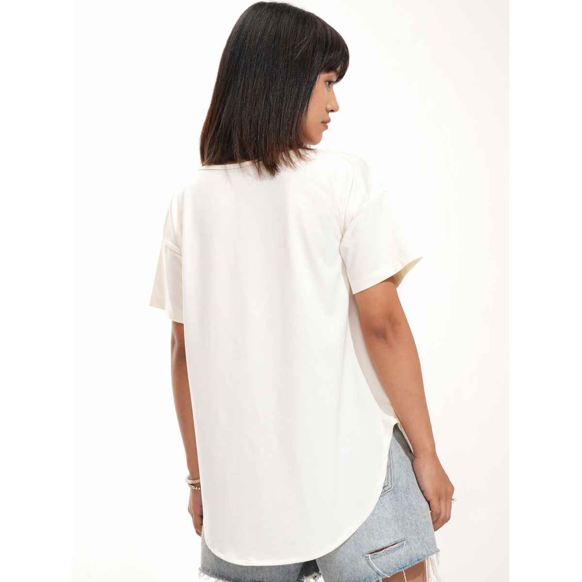 Tokyo Talkies Women's Half Sleeve Long Round Neck T Shirt | Off White - L