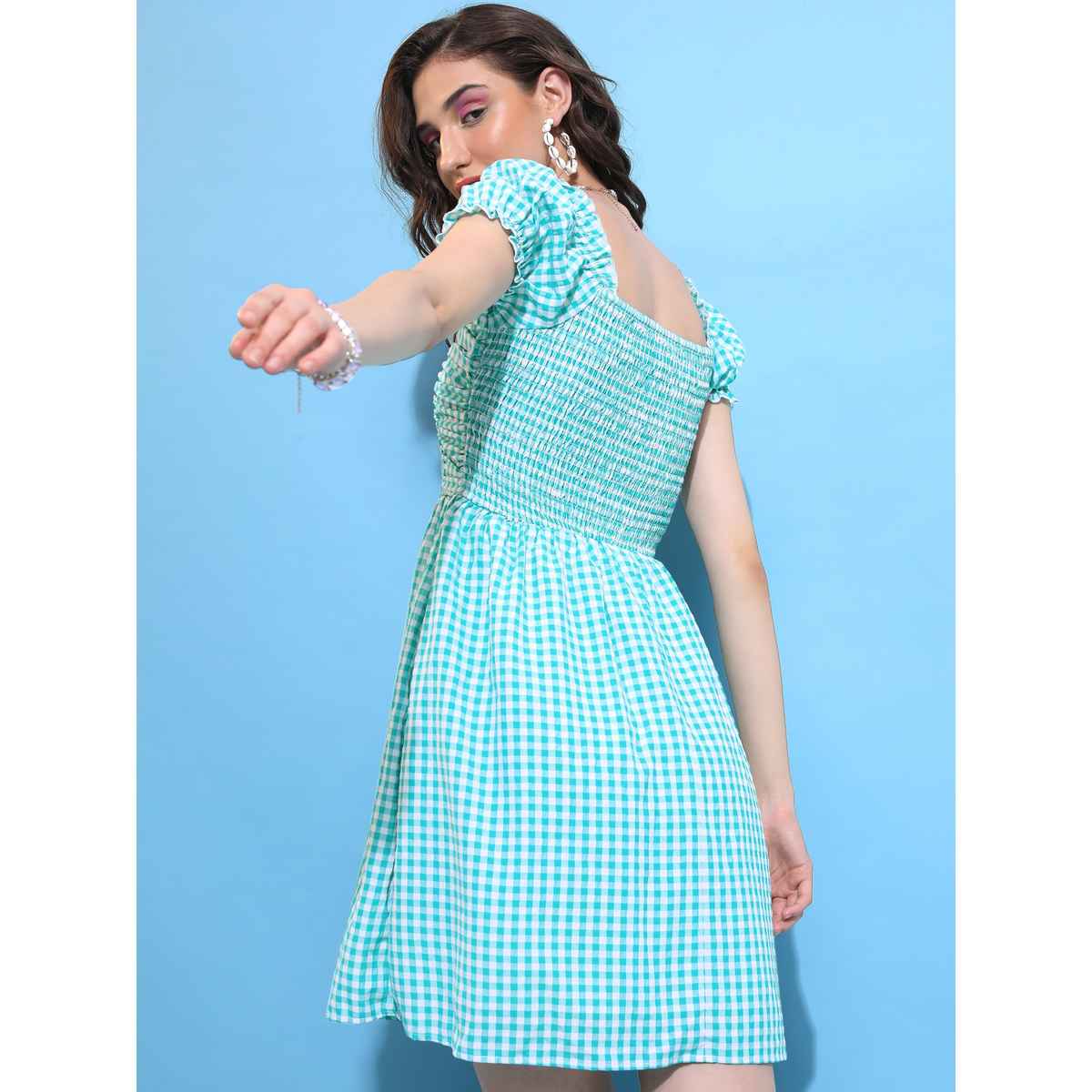 Tokyo Talkies Women's Checked Ruched Fit & Flare Dress | Green - L