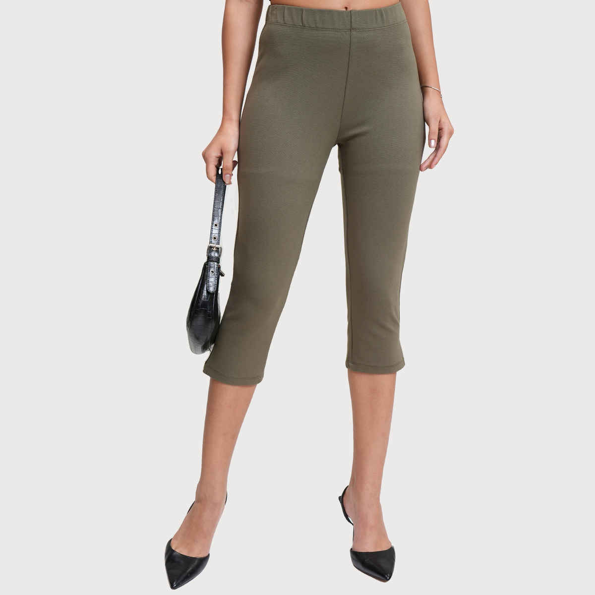 Tokyo Talkies Women's Solid Stretchy Capri Pants with Slits | Olive - 28