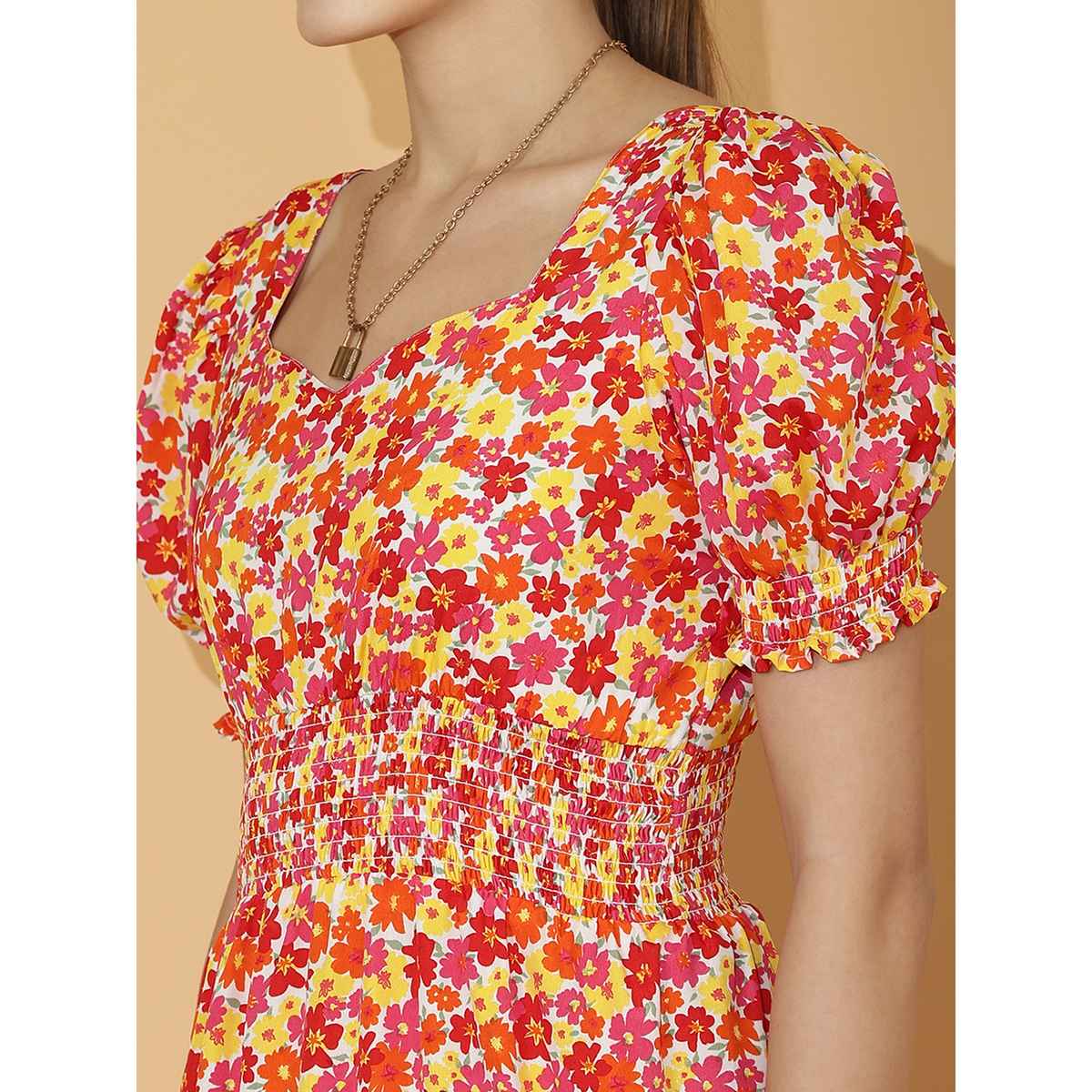 Sheetal Women's Floral Puff Sleeve Crepe Fit & Flare Midi Dress | 11614 | Multicolor - L