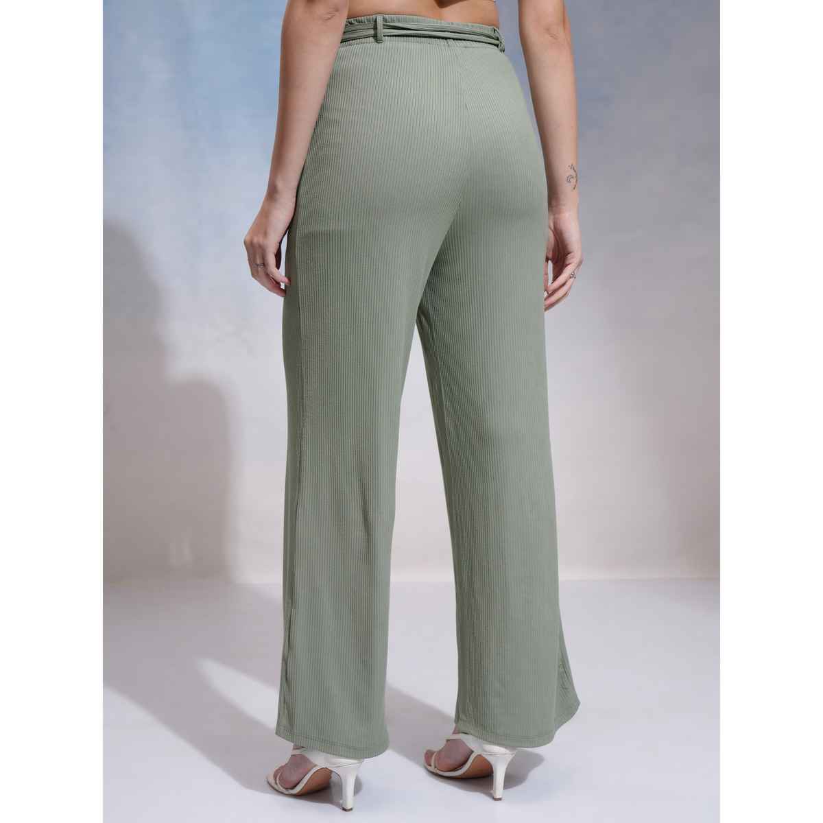 Tokyo Talkies Women's Solid Rib Calf Length Wideleg Pants | Olive - 28