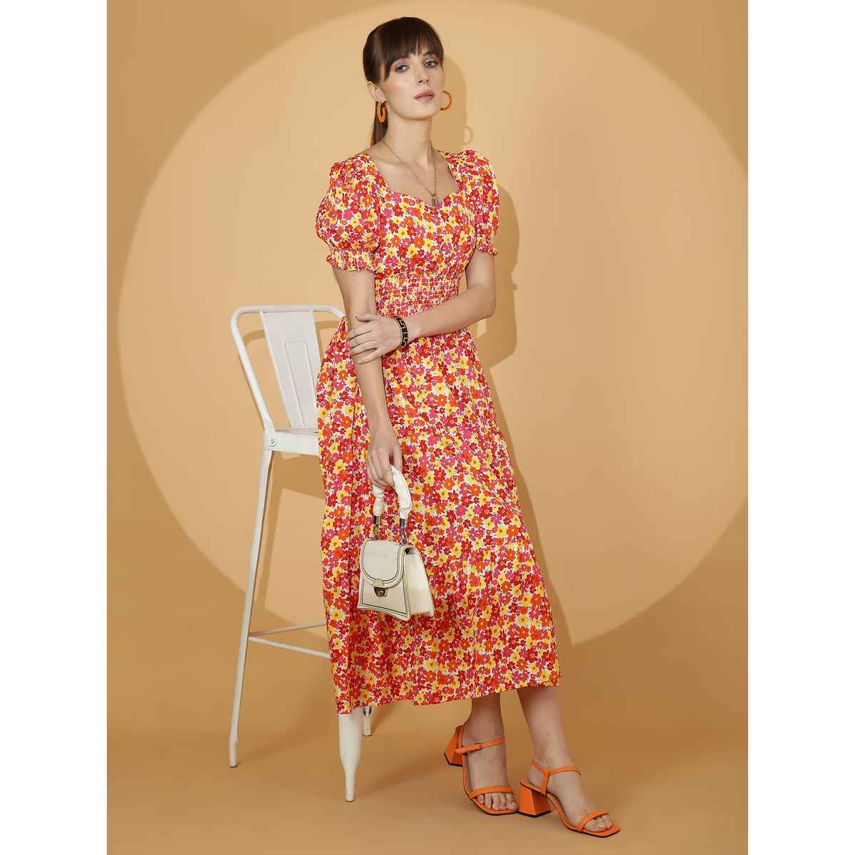 Sheetal Women's Floral Puff Sleeve Crepe Fit & Flare Midi Dress | 11614 | Multicolor - L