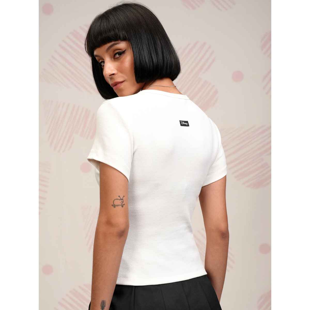 Tokyo Talkies Women's Disney Minnie Mouse Embroidered Rib T-shirt | White - S