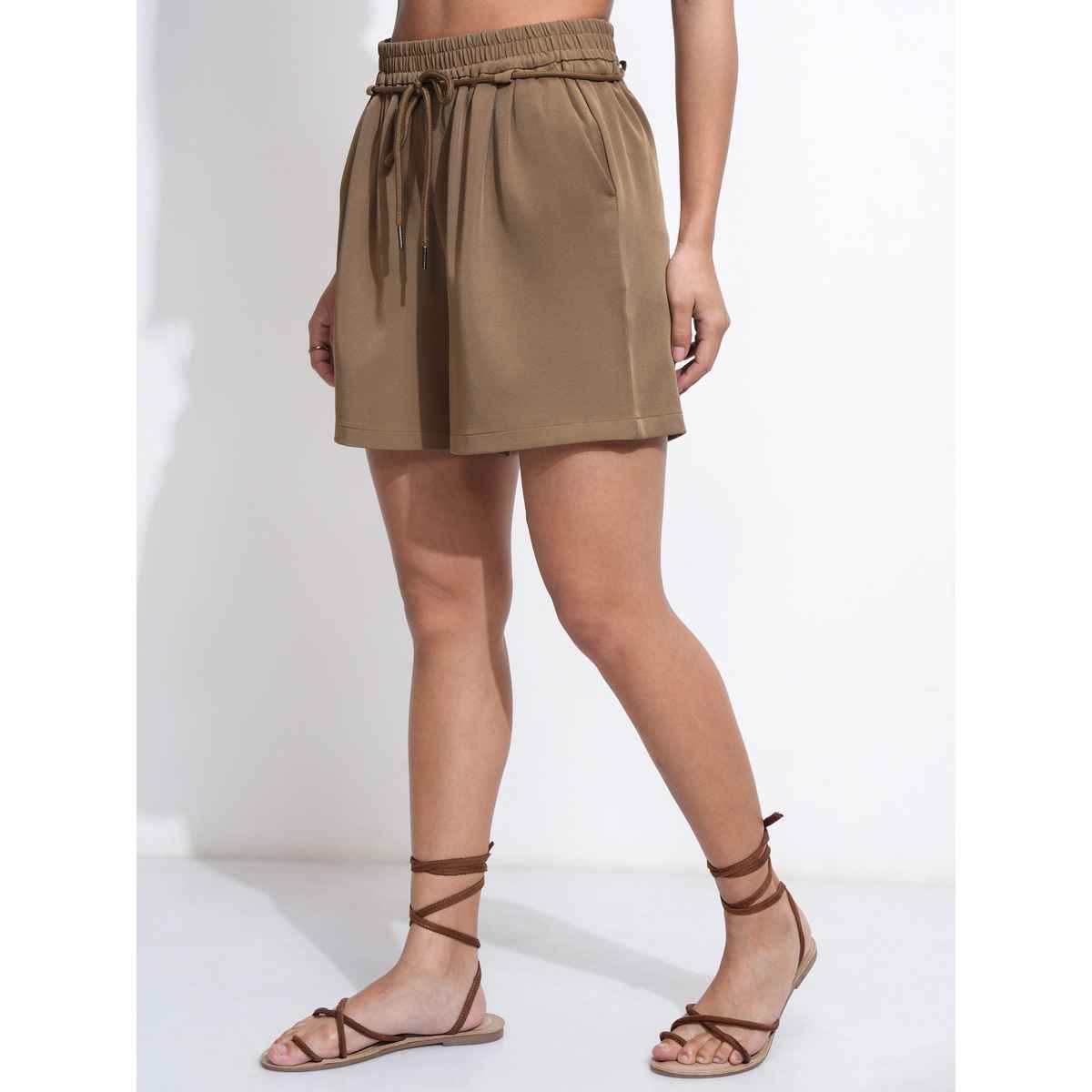 Tokyo Talkies Women's Khaki Solid Highrise Bermuda Shorts | Khaki - L