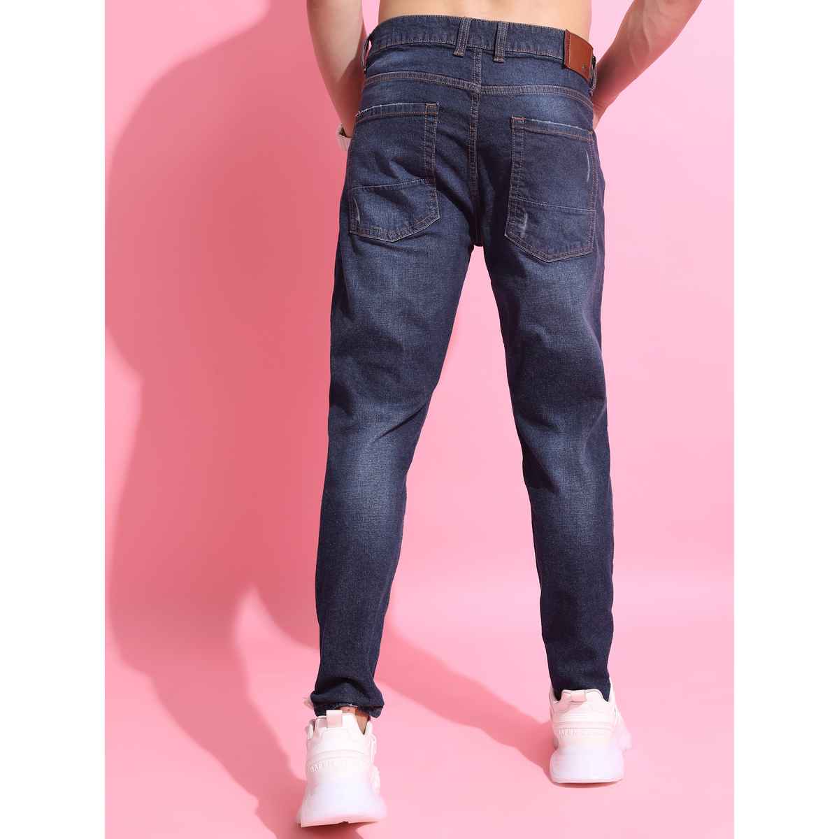 Highlander Men's Mid-Rise Super Skinny Fit Mildly Distressed Stretchable Cropped Jeans | Blue - 38