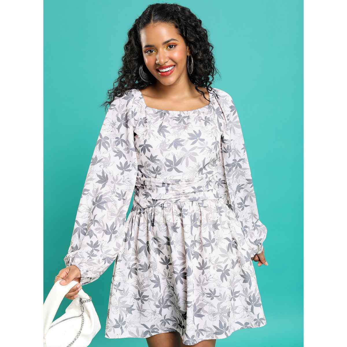 Tokyo Talkies Women's Floral Printed Square Neck Fit Flare Dress | Multicolour - XL