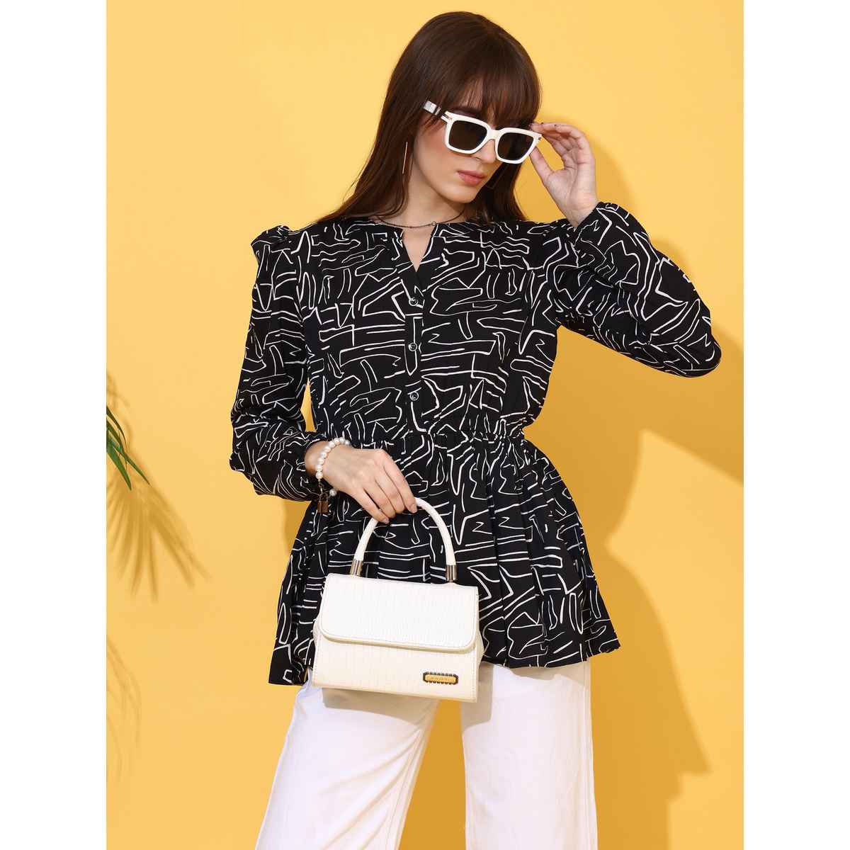 Sheetal Women's Print Mandarin Collar Top | 5209 | Black - XL