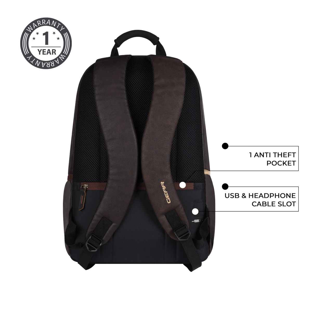 Gear Unisex Solid Artificial Leather 20 L Anti Theft Backpack | Brown and Black - Free Size