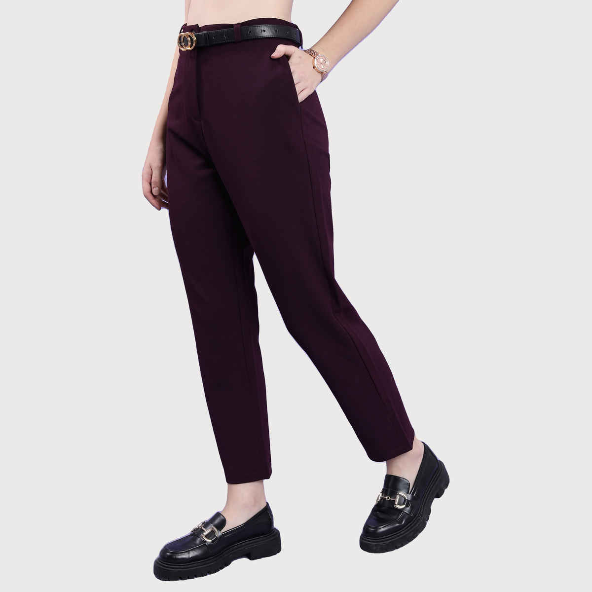 Tokyo Talkies Women's Slim Fit High-Rise Trouser | Plum - 32