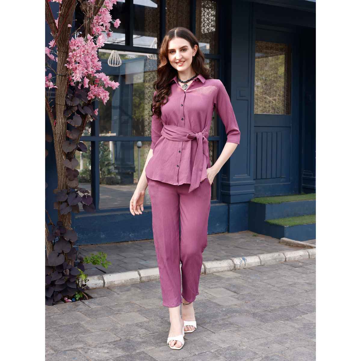 Sheetal Women's Self-Design Shirt & Trouser Co-Ord Set | 20124 | Purple - S