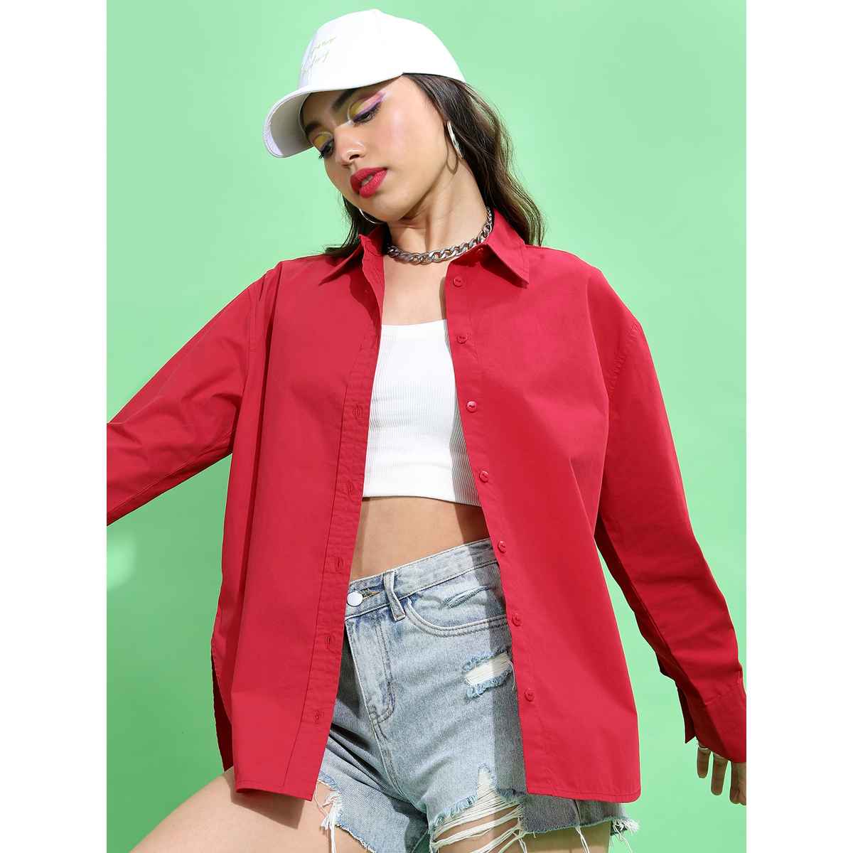 Tokyo Talkies Women's Red Spread Collar Cotton Casual Shirt | Red - S
