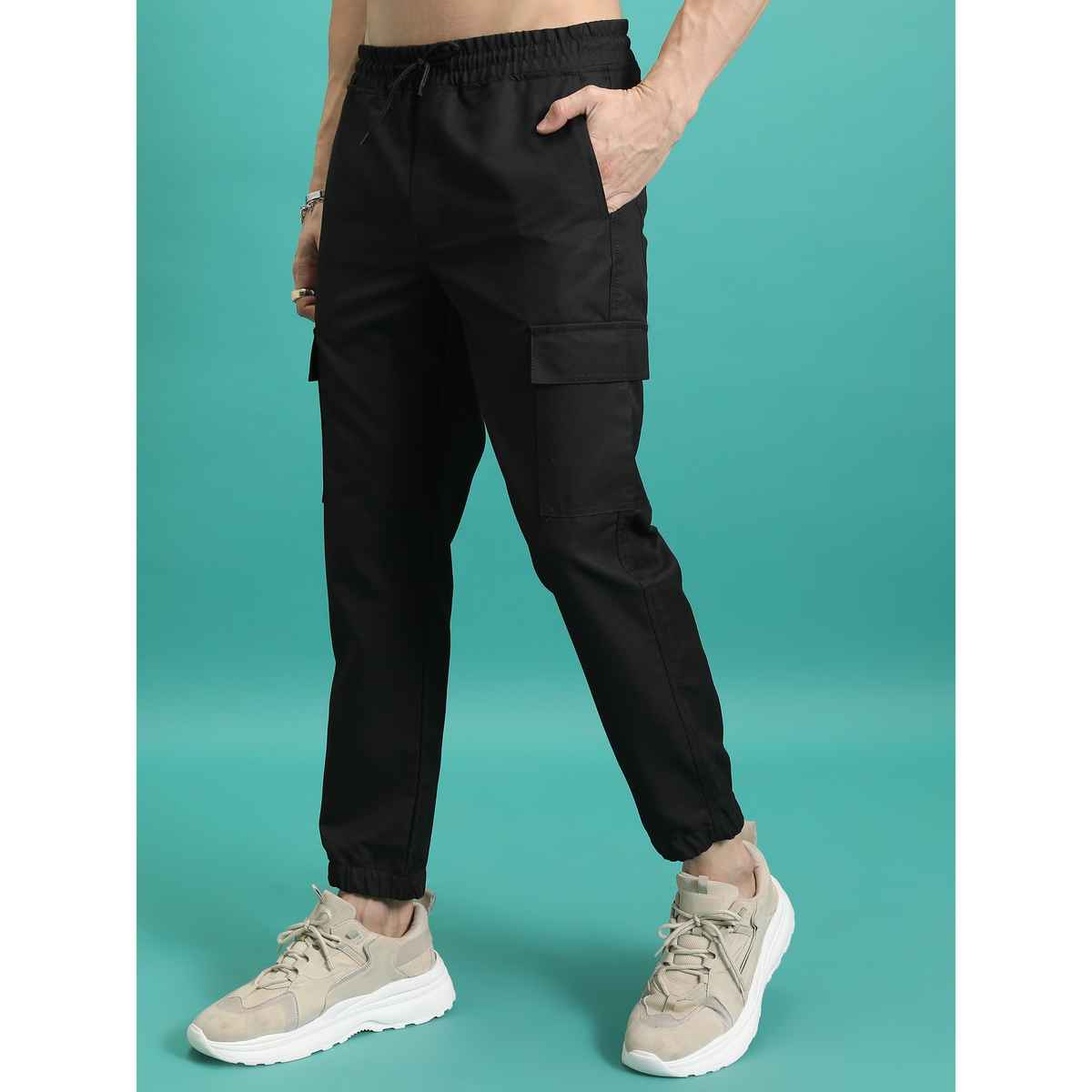 Highlander Men's Regular Fit Plain Cargo Jogger Trouser | Black - 30