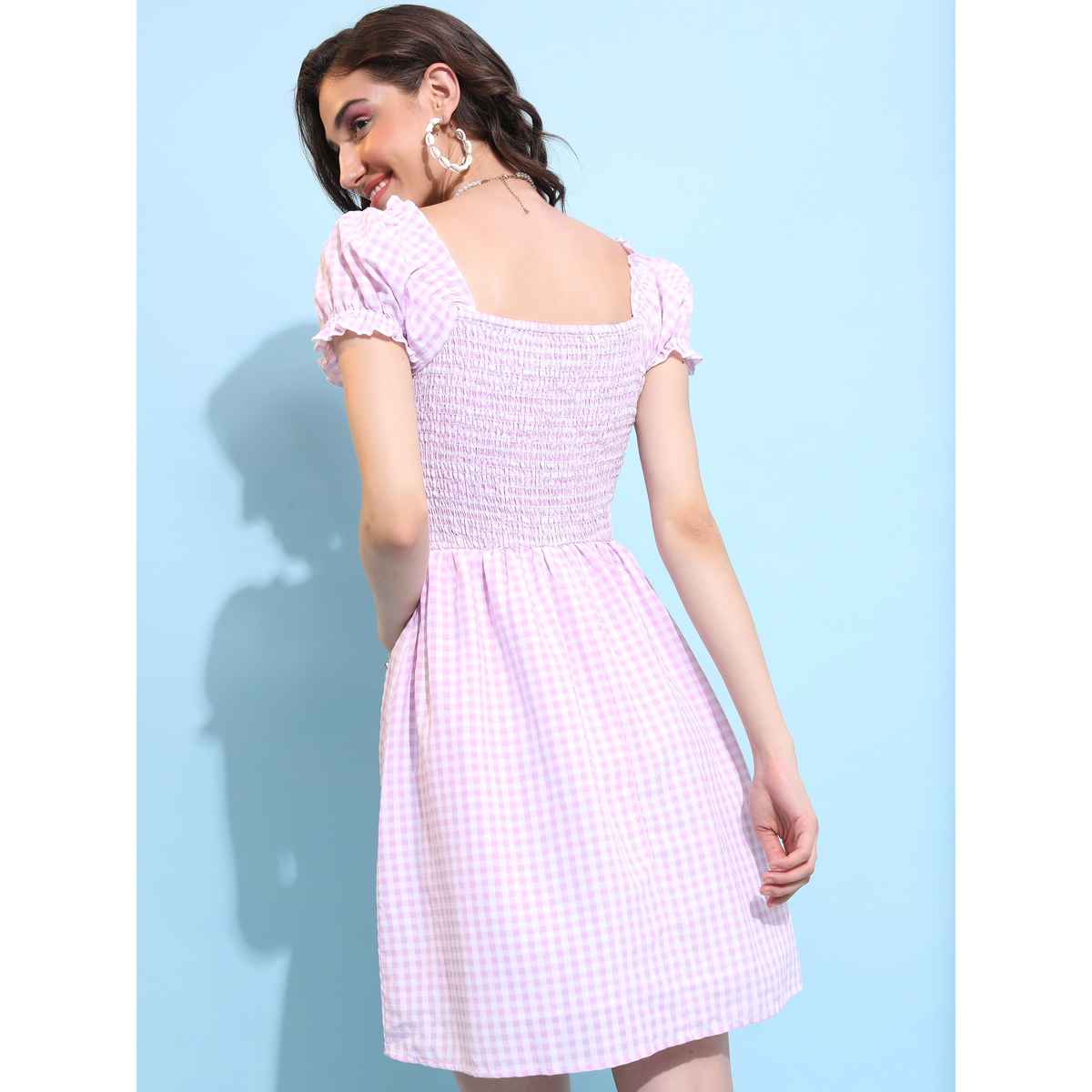 Tokyo Talkies Women's Checked Square Neck Puff Sleeve Gathered Fit & Flare Dress | Lilac - L
