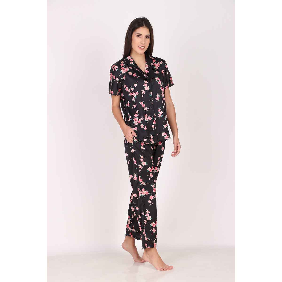 Masha Women's Spring Flower Black Satin Pajamas | Set | XL