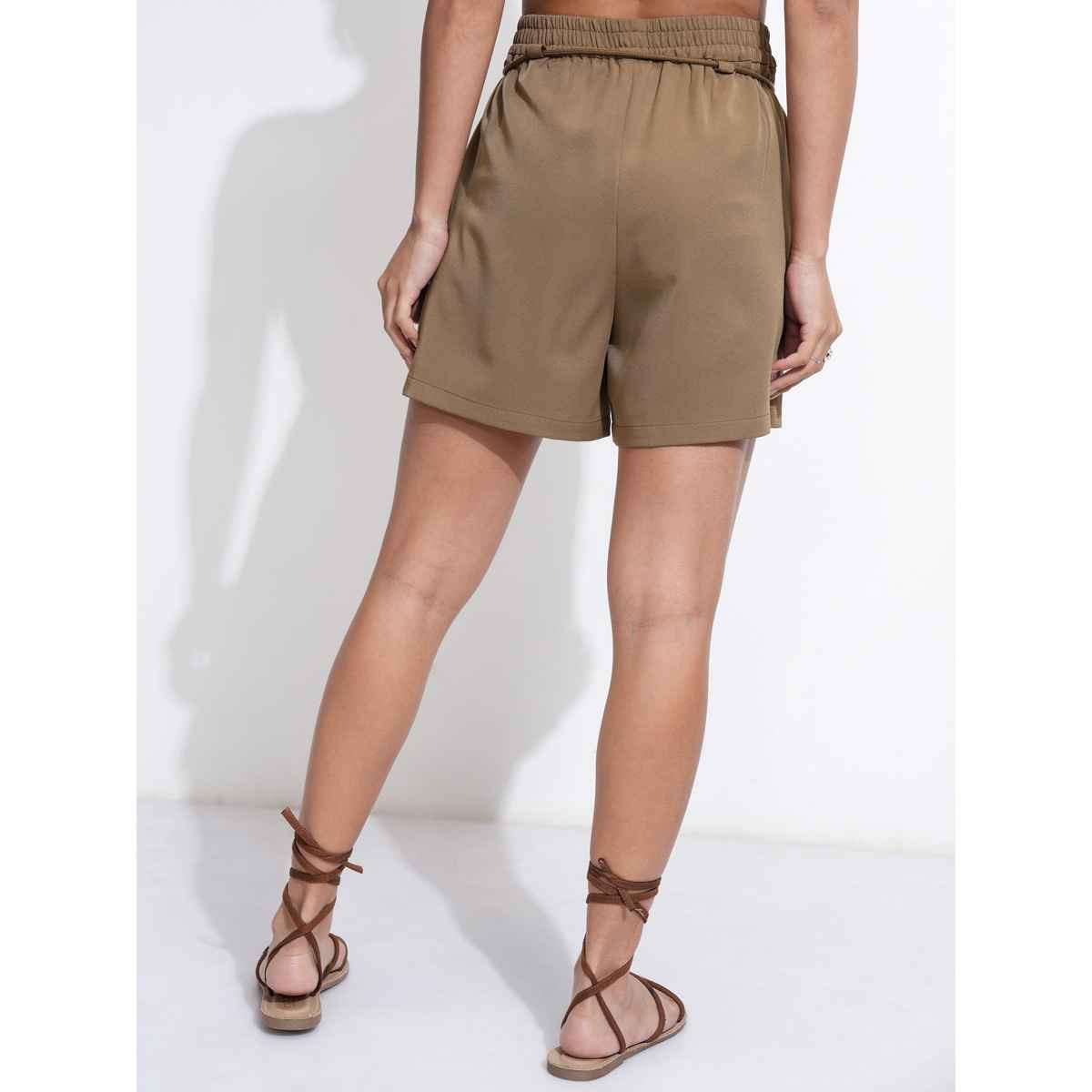 Tokyo Talkies Women's Khaki Solid Highrise Bermuda Shorts | Khaki - L