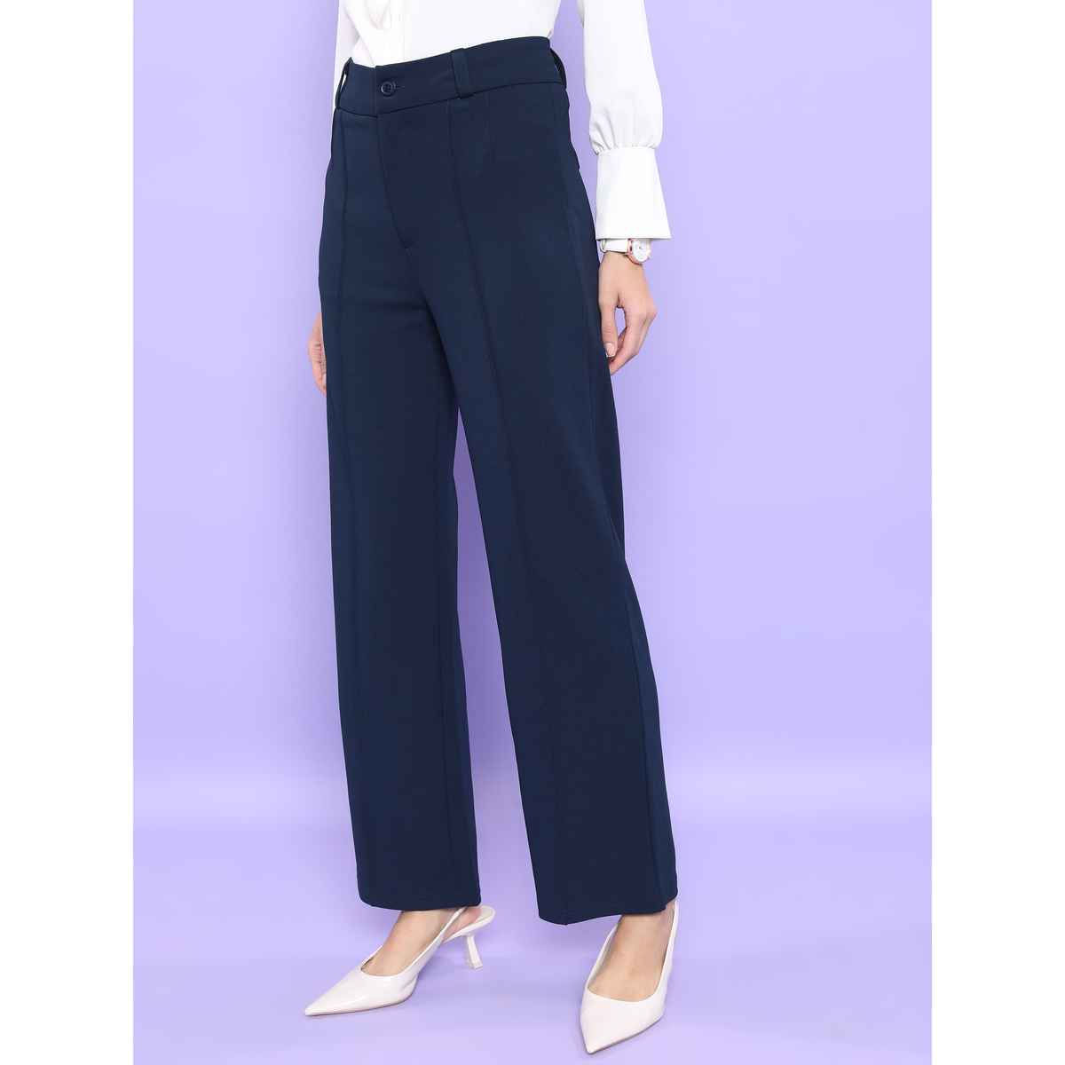 Tokyo Talkies Women's Straight Fit High-Rise Parallel Trouser | Blue - 34