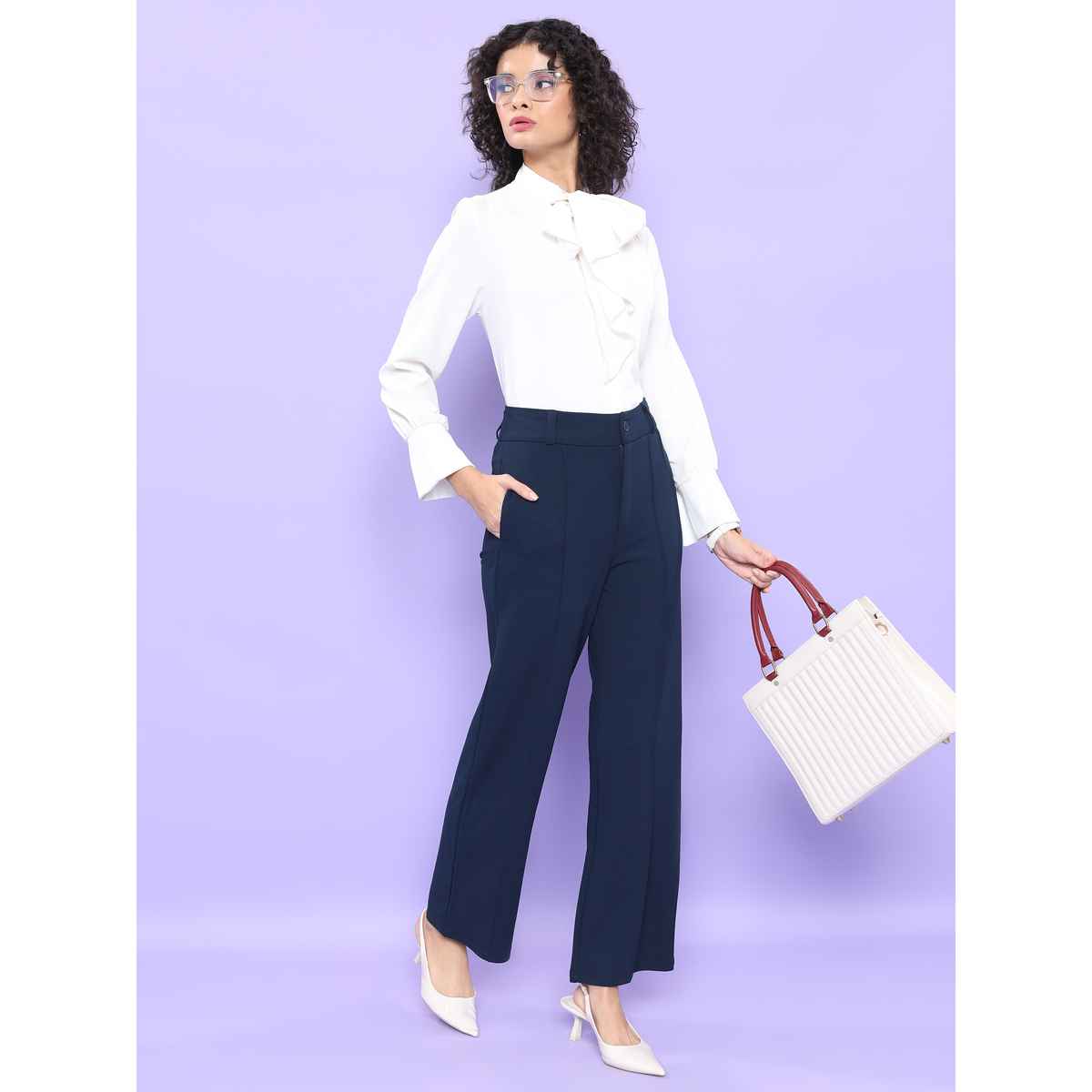 Tokyo Talkies Women's Straight Fit High-Rise Parallel Trouser | Blue - 34