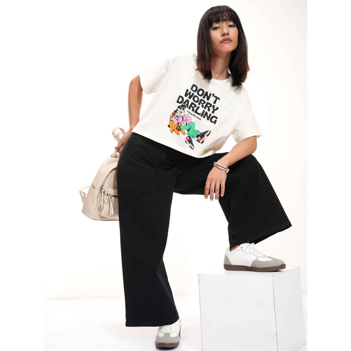 Tokyo Talkies Women's Half Sleeve Crop Round Neck T Shirt | Off White - S