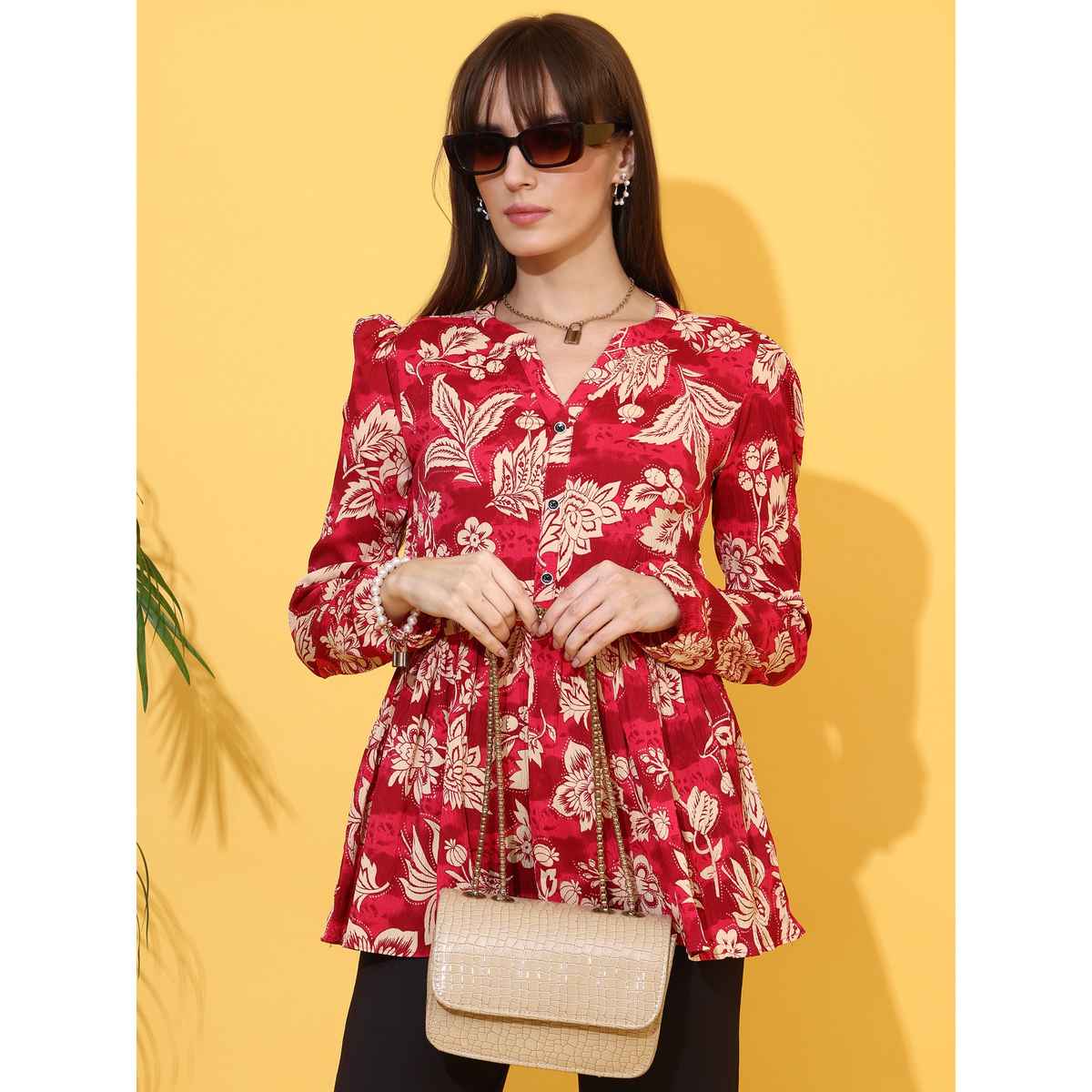 Sheetal Women's Floral Printed Mandarin Collar Peplum Crepe Top | 5204 | Red - S