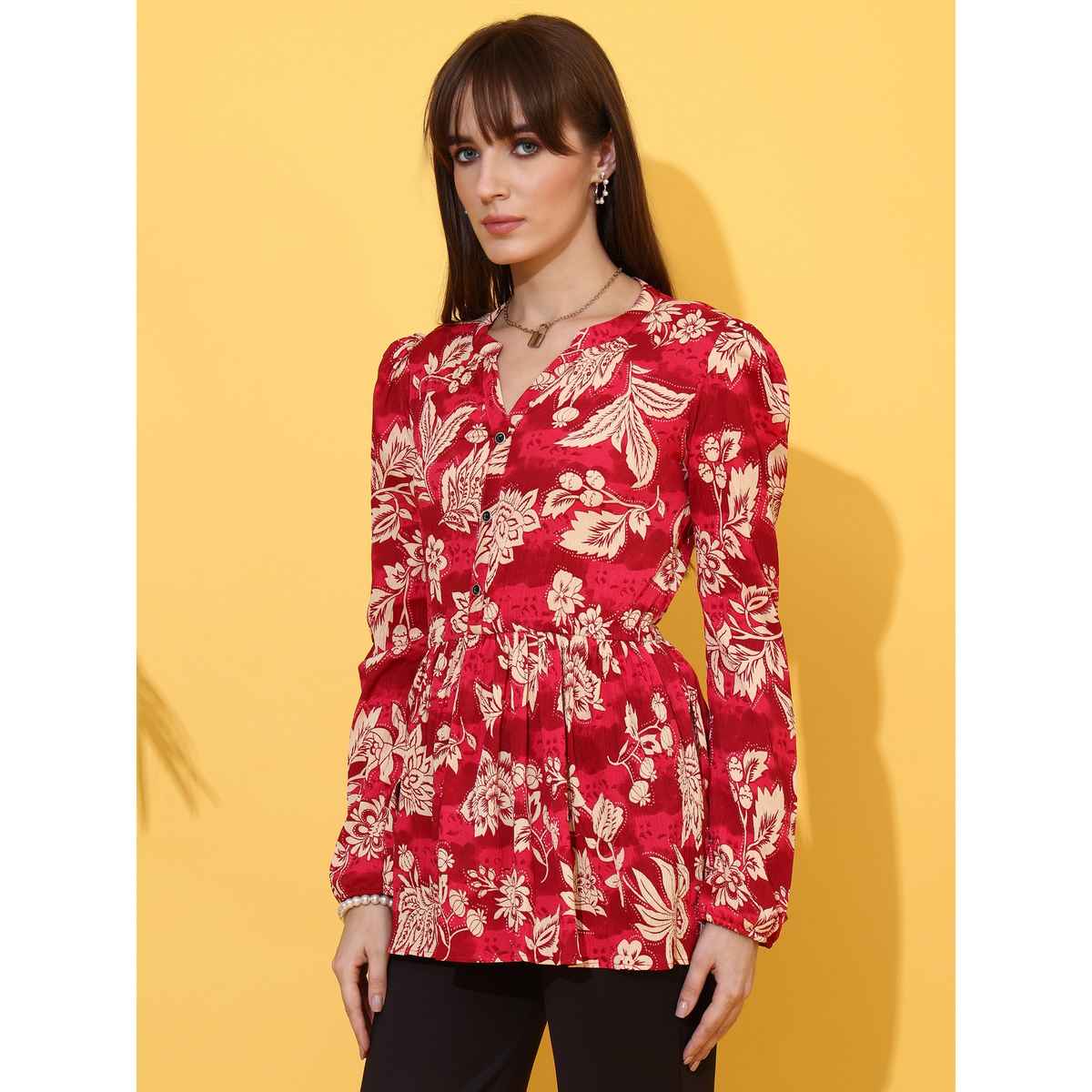 Sheetal Women's Floral Printed Mandarin Collar Peplum Crepe Top | 5204 | Red - M