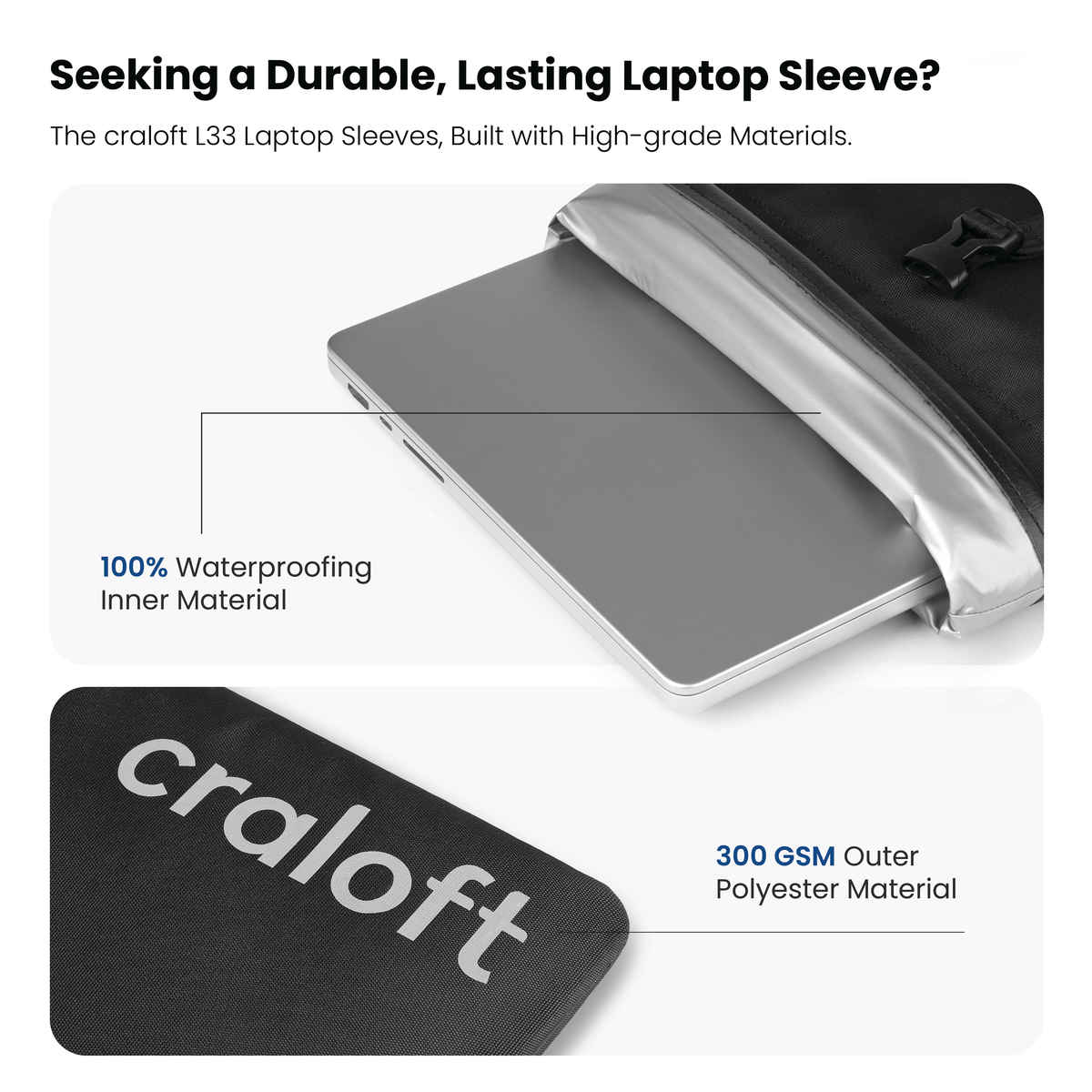 Craloft Waterproof 14 Inch Laptop Sleeve Cover, Slim Rain Protective Bag with 8mm Padding