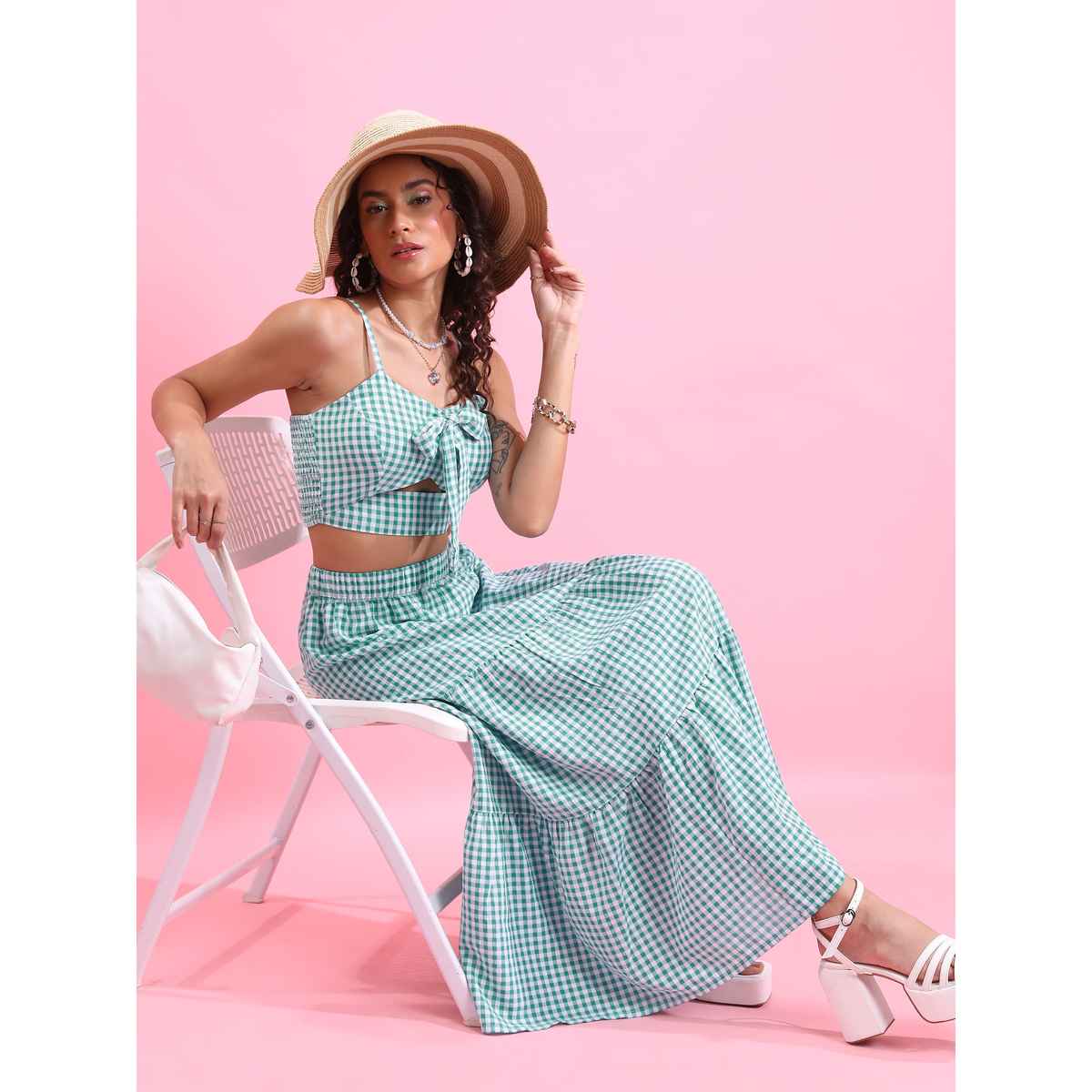 Tokyo Talkies Women's Check Cut Out Cropped Fitted Top with Maxi Skirt | Green - M