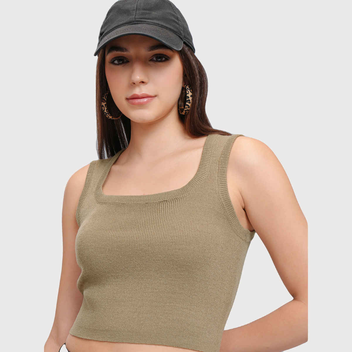Tokyo Talkies Women's Dried Herb Square Neck Crop Tank Sweater | Beige - XL