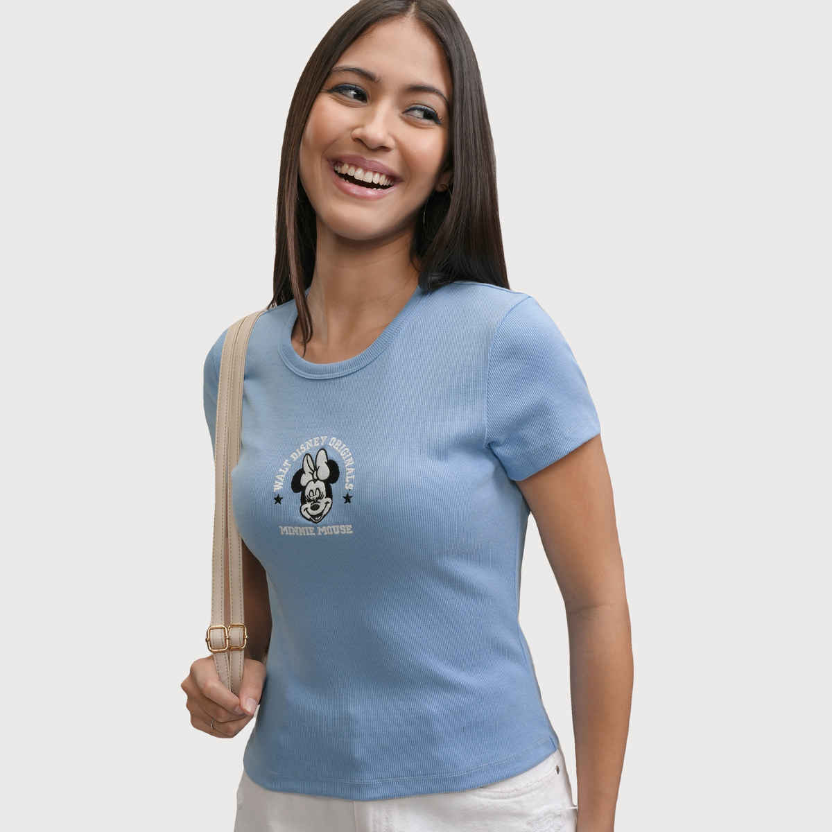Tokyo Talkies Women's Disney Minnie Mouse Embroidered Rib T-shirt | Blue - XL