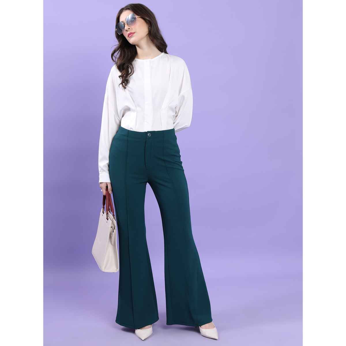 Tokyo Talkies Women's Flared High Rise Bootcut Trouser | Teal - 28