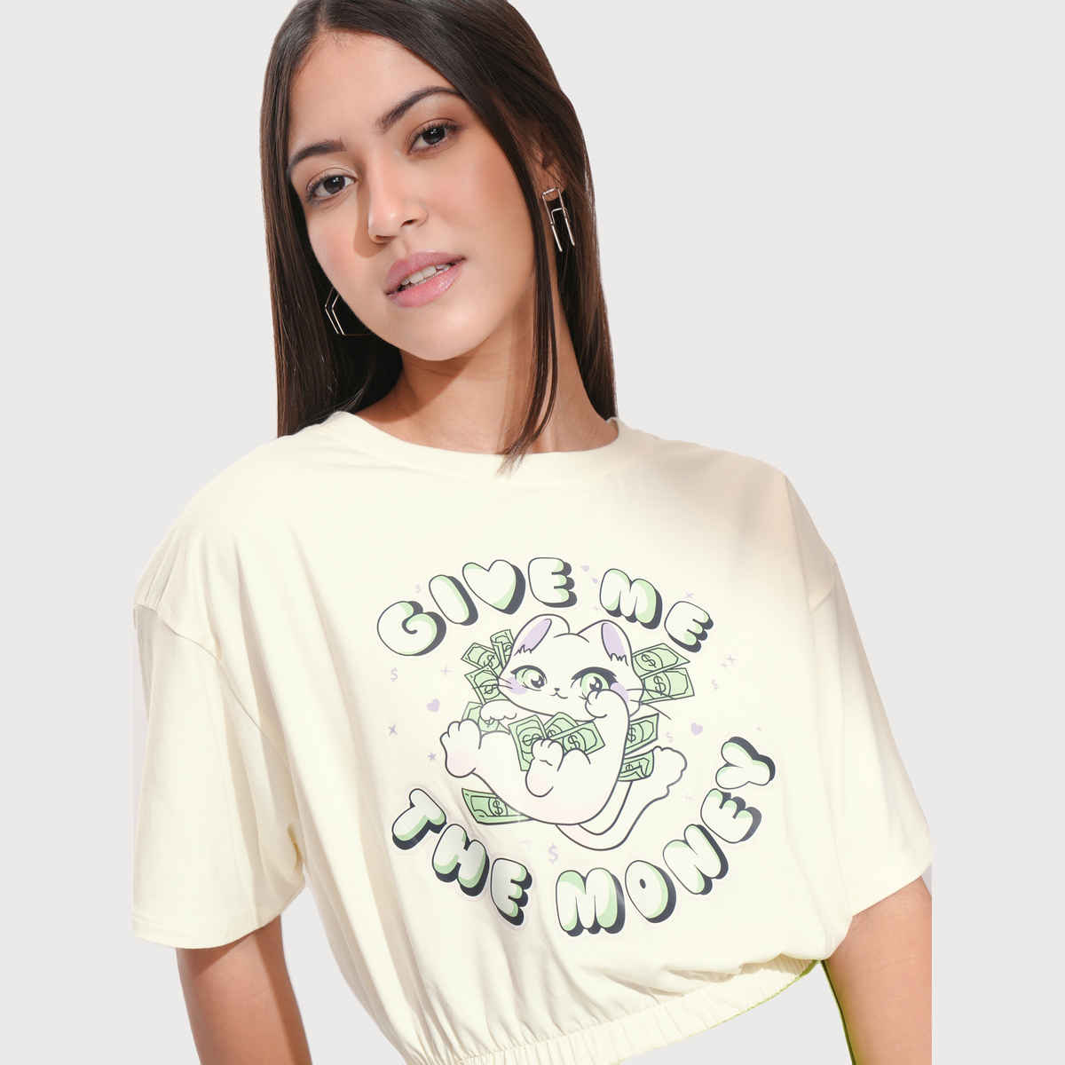 Tokyo Talkies Women's Half Sleeve Crop Round Neck T Shirt | White - S