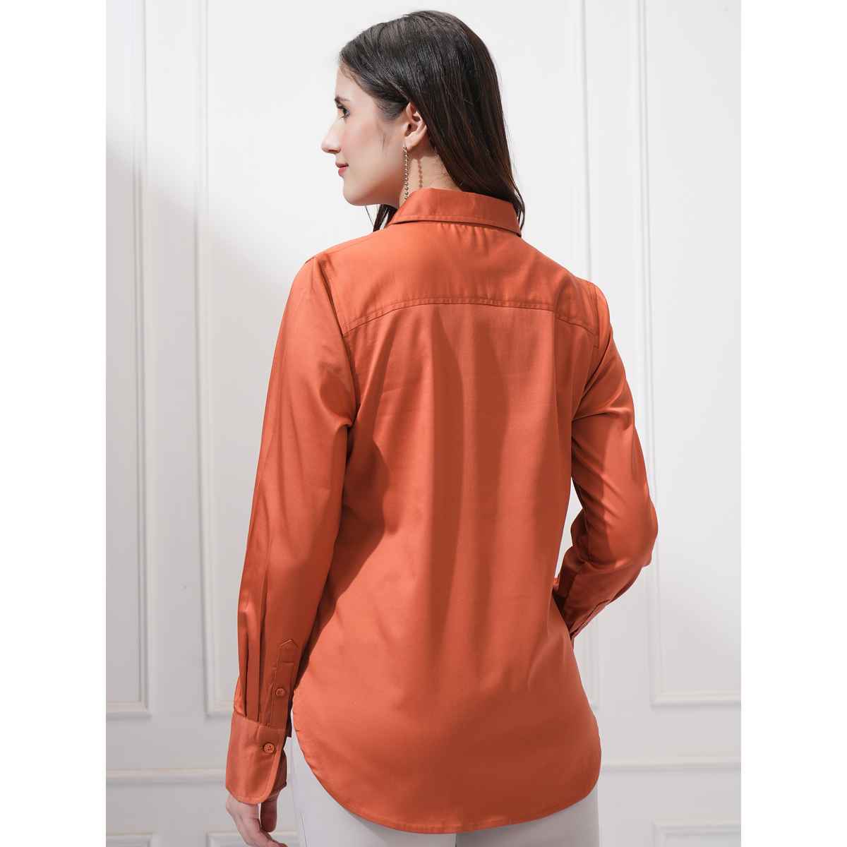 Tokyo Talkies Women's Rust Solid Buttondown Satin Shirt | Brown - L