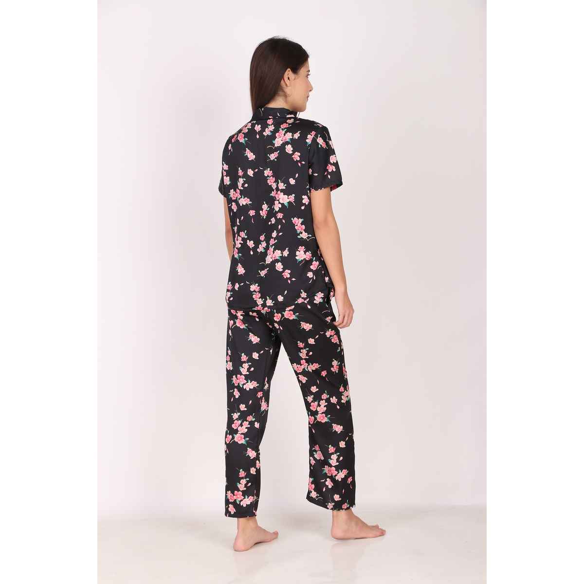Masha Women's Spring Flower Black Satin Pajamas | Set | XL