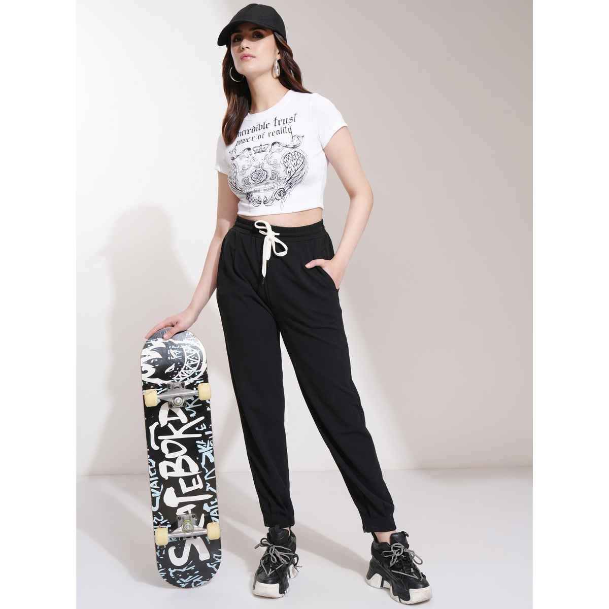 Tokyo Talkies Women's Solid Straight Fit Jogger Pants | Black - 30