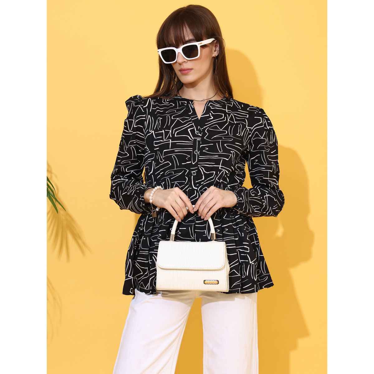 Sheetal Women's Print Mandarin Collar Top | 5209 | Black - XL