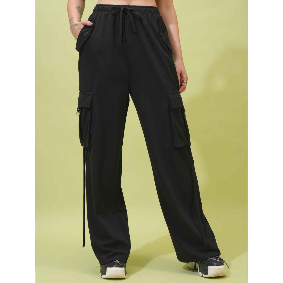 Tokyo Talkies Women's Solid Straight Fit Cargo Pant | Black - 32