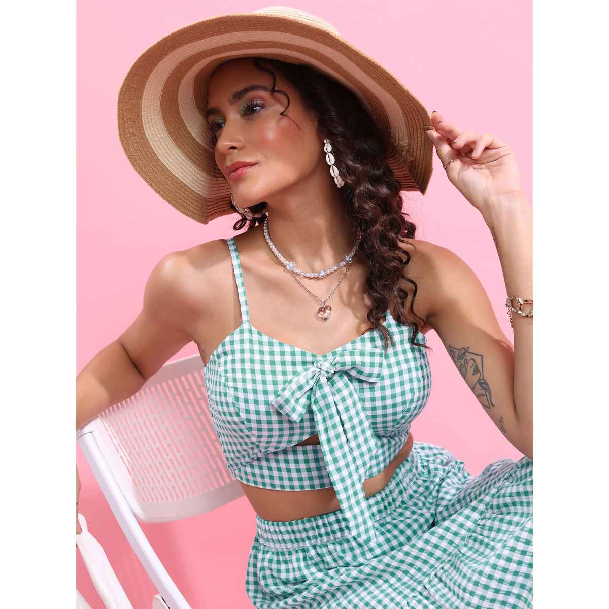 Tokyo Talkies Women's Check Cut Out Cropped Fitted Top with Maxi Skirt ...