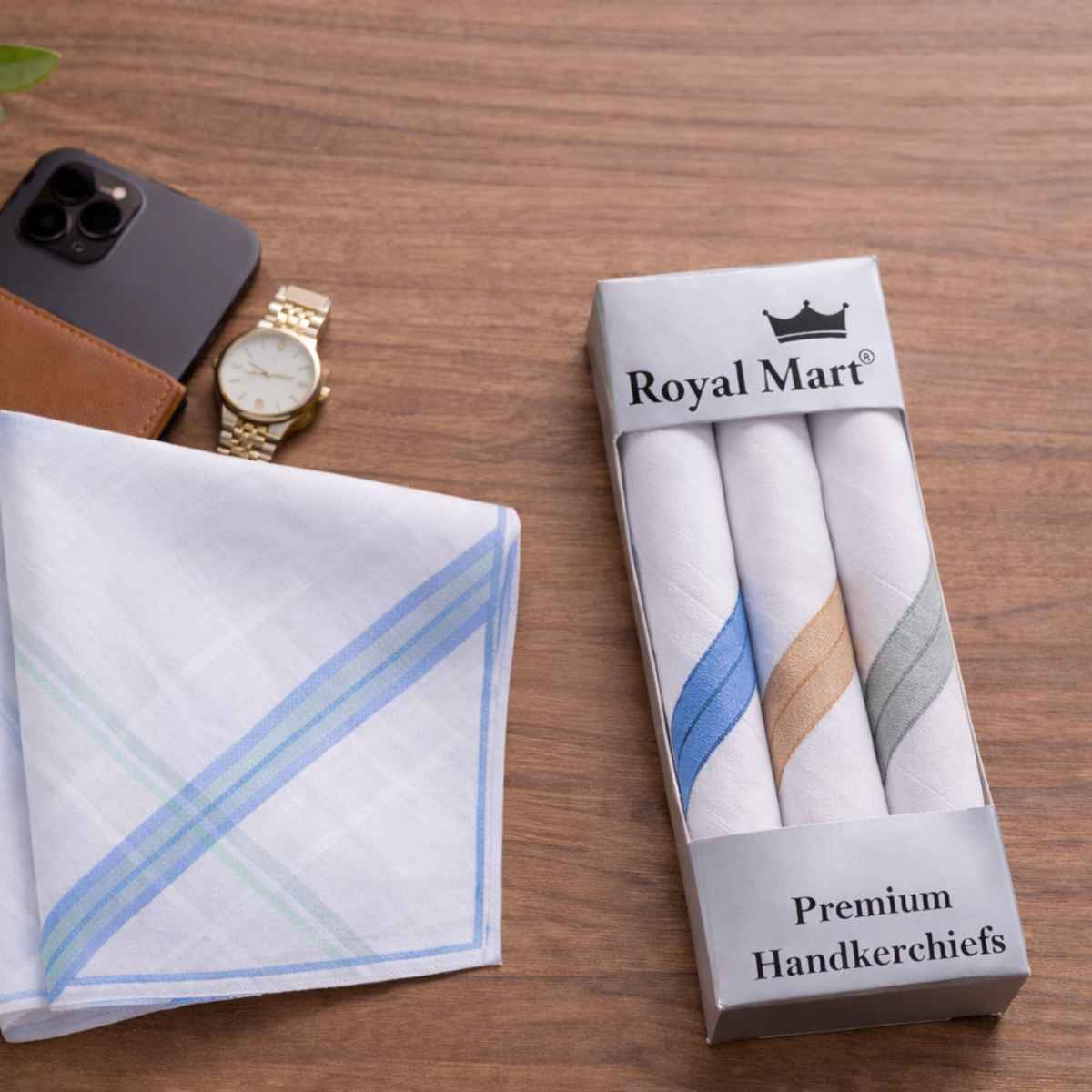 Royal Mart Men's Striped Cotton Handkerchief | White