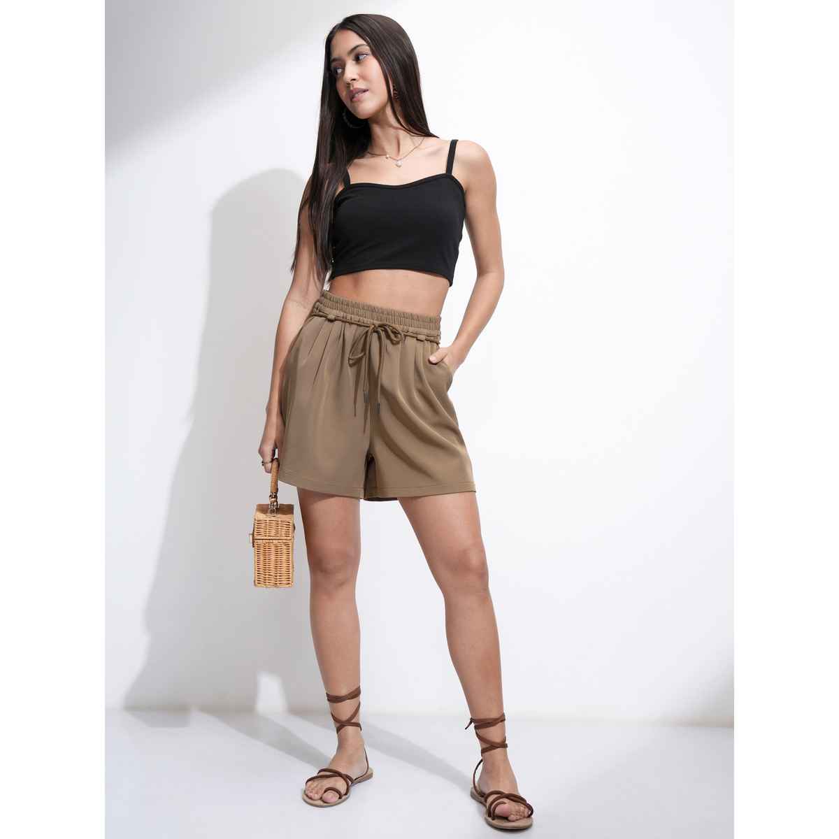 Tokyo Talkies Women's Khaki Solid Highrise Bermuda Shorts | Khaki - L