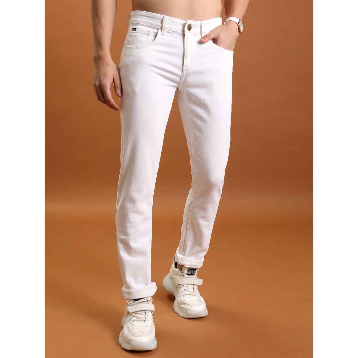 Highlander Men's Straight Fit Mid-Rise Light Shade Clean Look Stretchable Jeans | White - 38