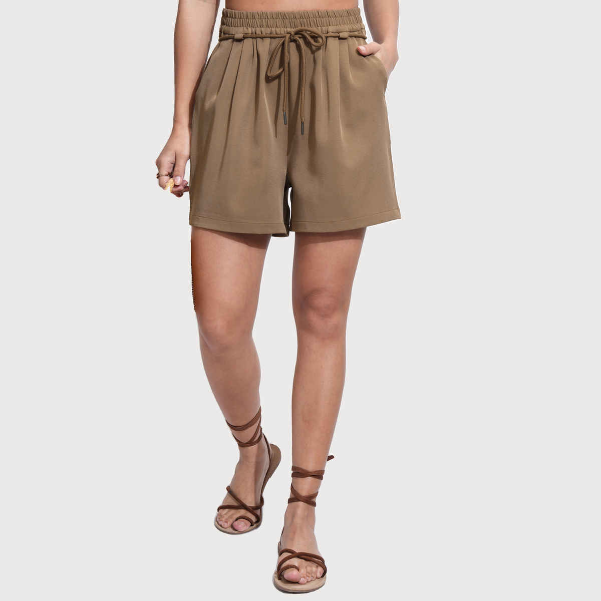 Tokyo Talkies Women's Khaki Solid Highrise Bermuda Shorts | Khaki - L