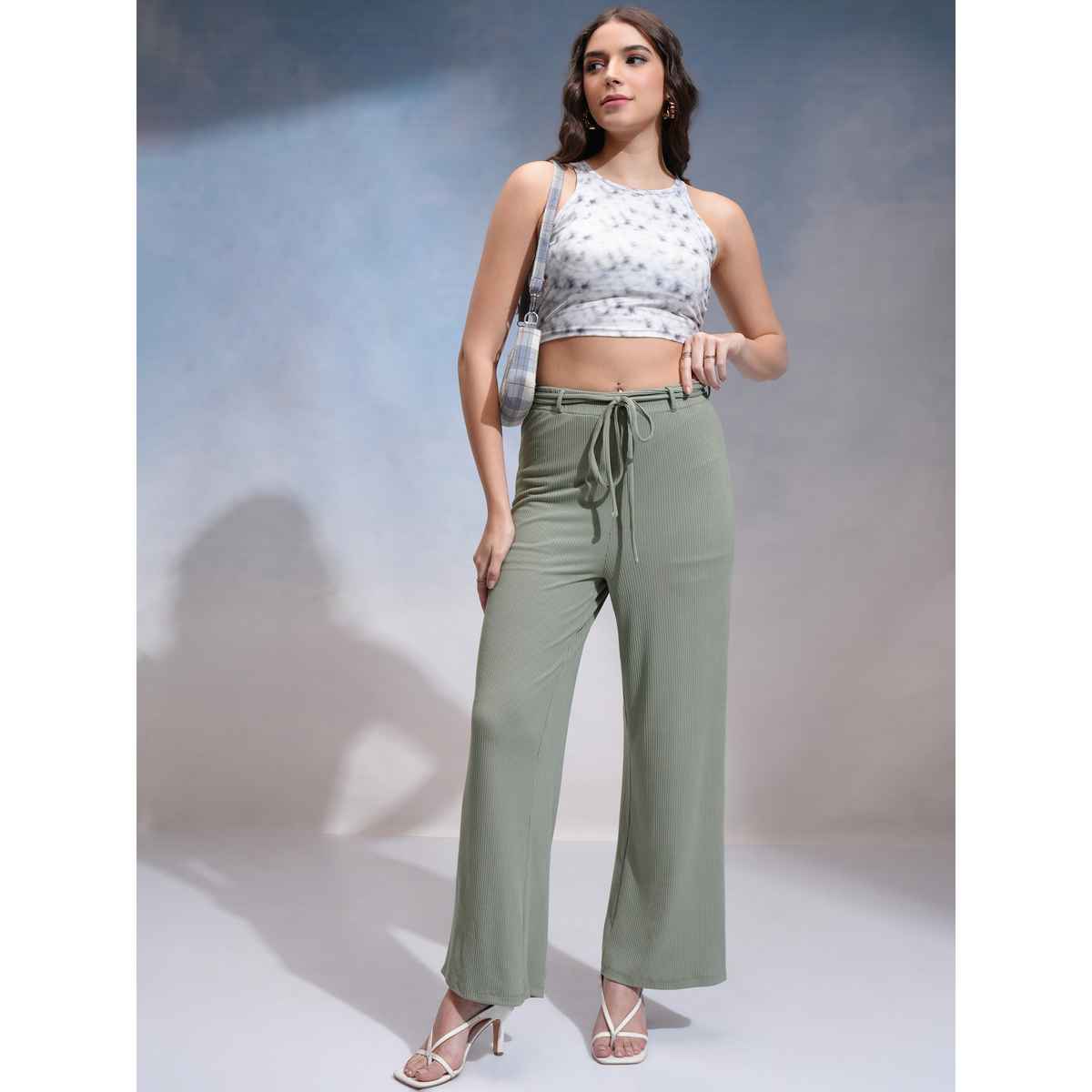 Tokyo Talkies Women's Solid Rib Calf Length Wideleg Pants | Olive - 28