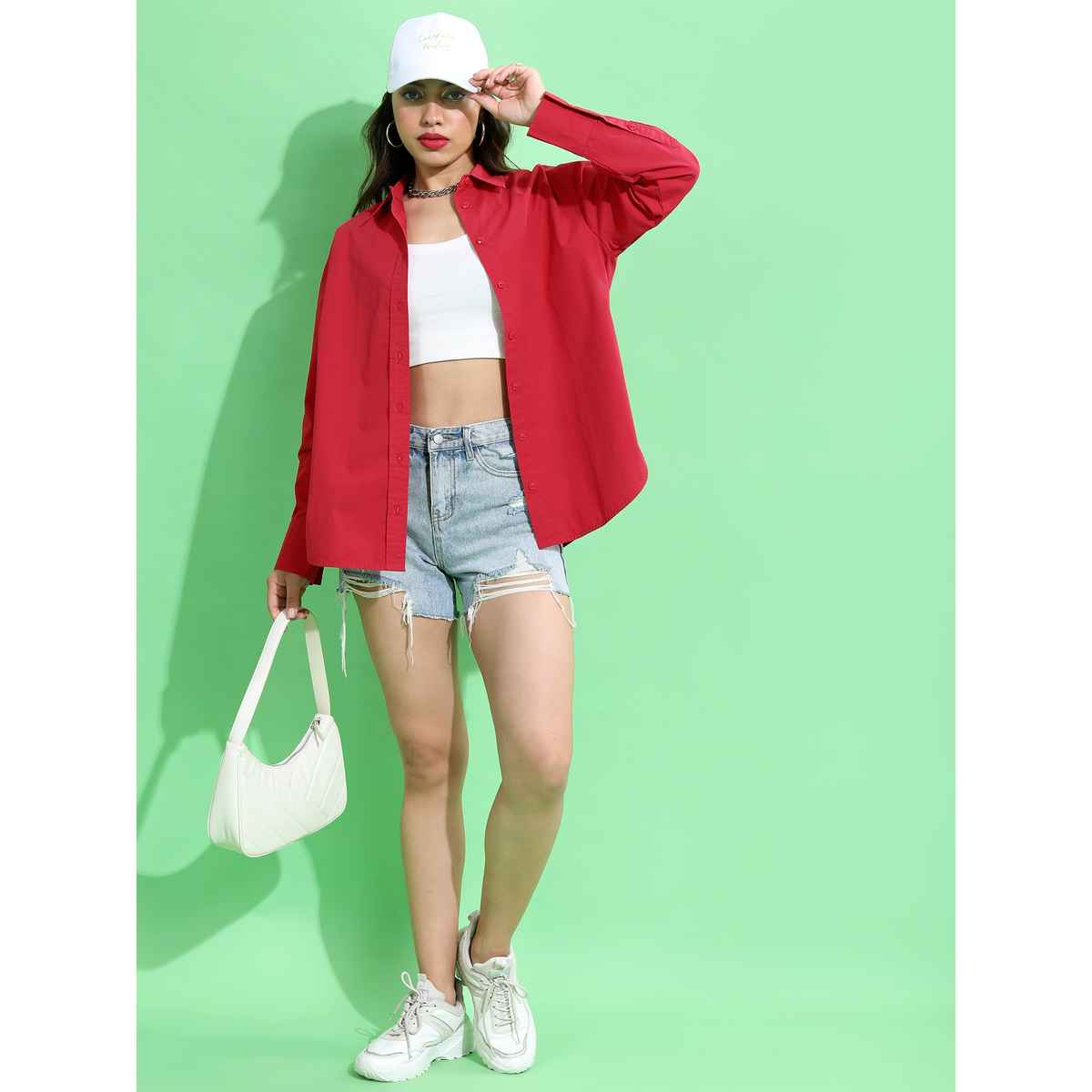 Tokyo Talkies Women's Red Spread Collar Cotton Casual Shirt | Red - S