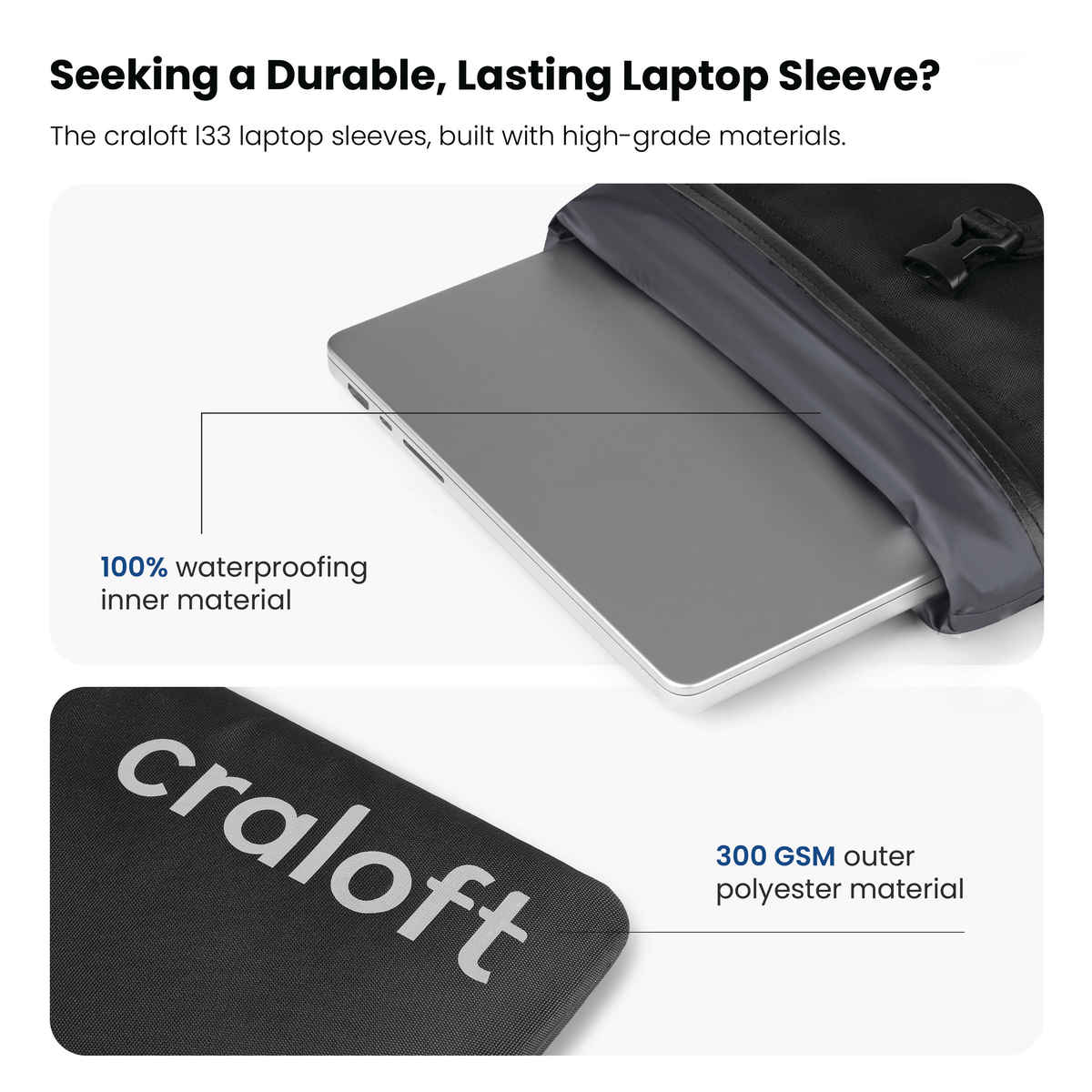 Craloft Waterproof 14 Inch Laptop Sleeve Cover, Slim Rain Protective Bag with 8mm Padding