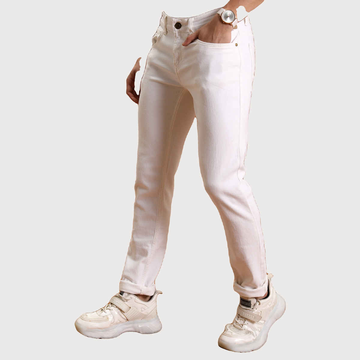 Highlander Men's Straight Fit Mid-Rise Light Shade Clean Look Stretchable Jeans | White - 38