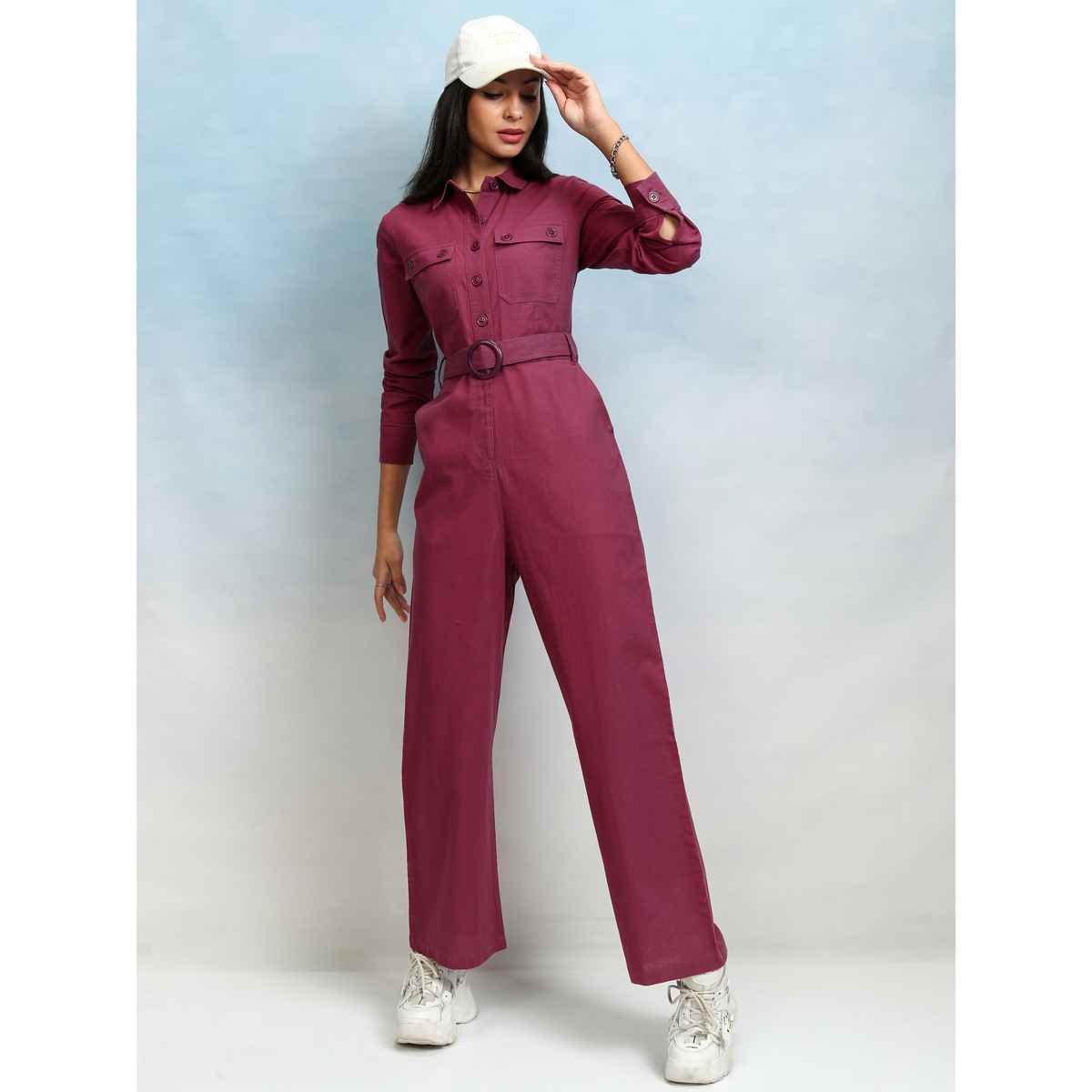 Tokyo Talkies Women's Solid Straight Leg Jumpsuit | Magenta - M