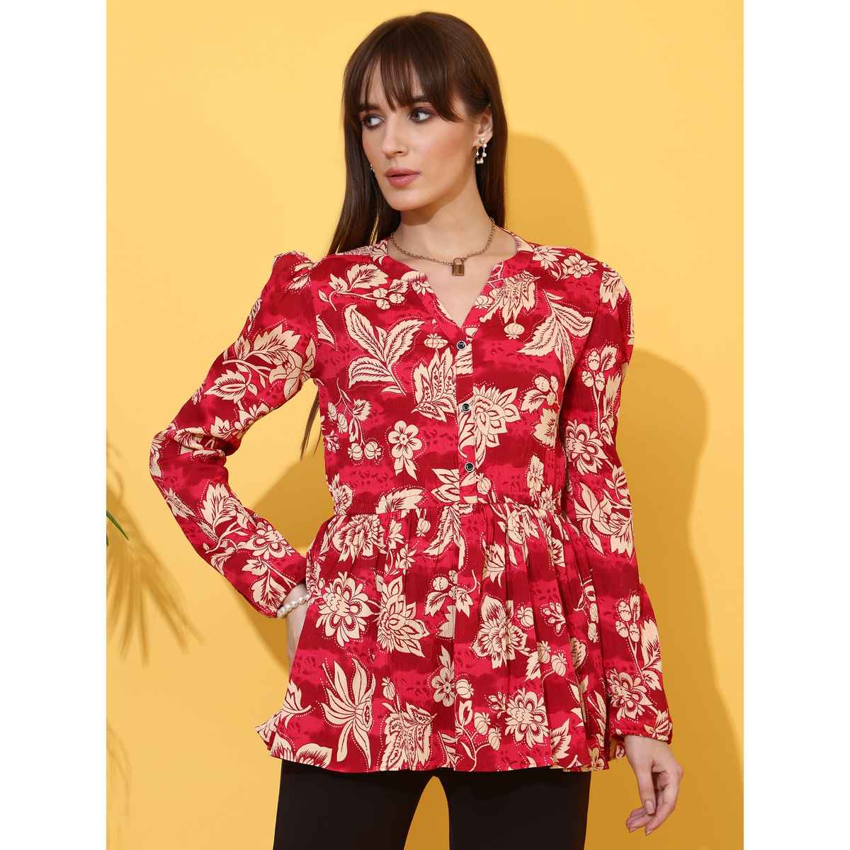 Sheetal Women's Floral Printed Mandarin Collar Peplum Crepe Top | 5204 | Red - M