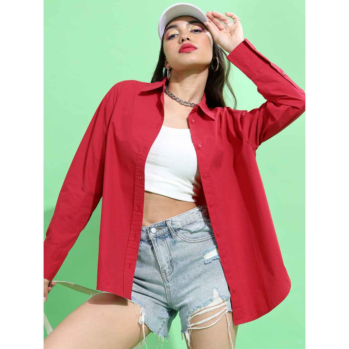 Tokyo Talkies Women's Red Spread Collar Cotton Casual Shirt | Red - S