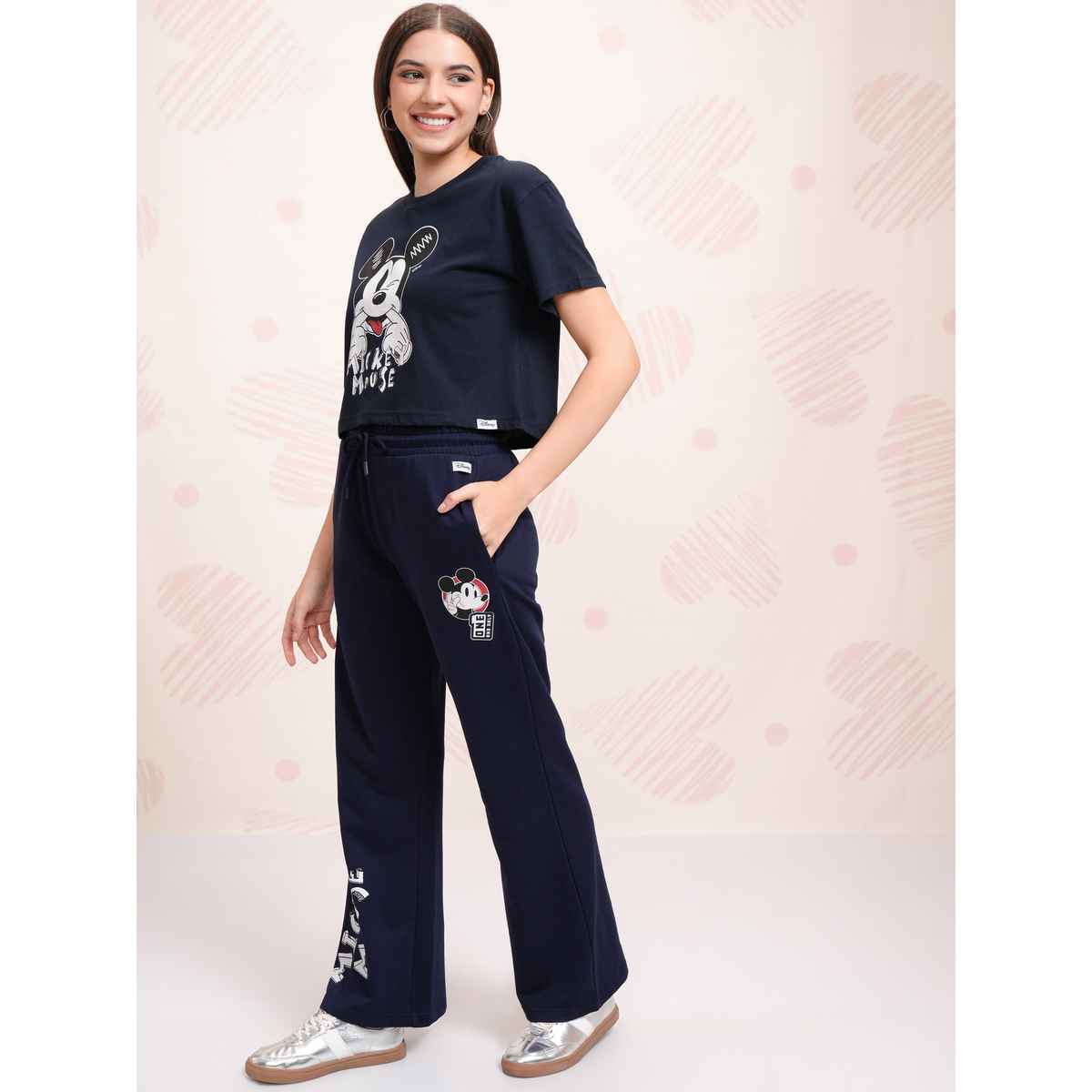 Tokyo Talkies Women's Disney Mickey Mouse Printed T-shirt with Trouser Sleepwear Set | Blue - L