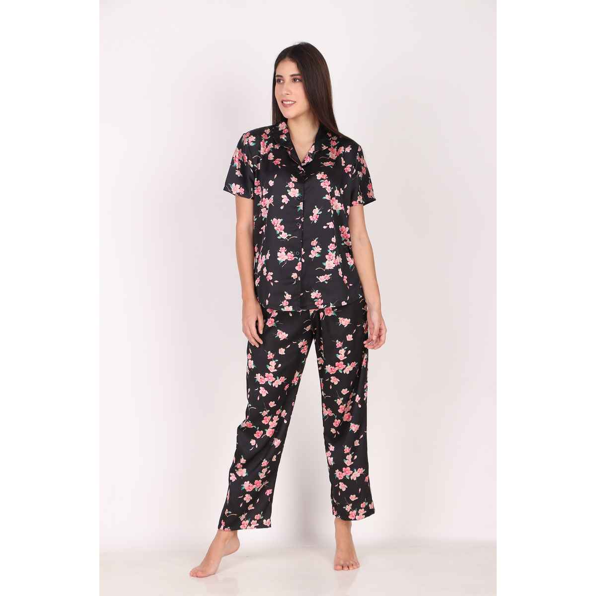 Masha Women's Spring Flower Black Satin Pajamas | Set | XL